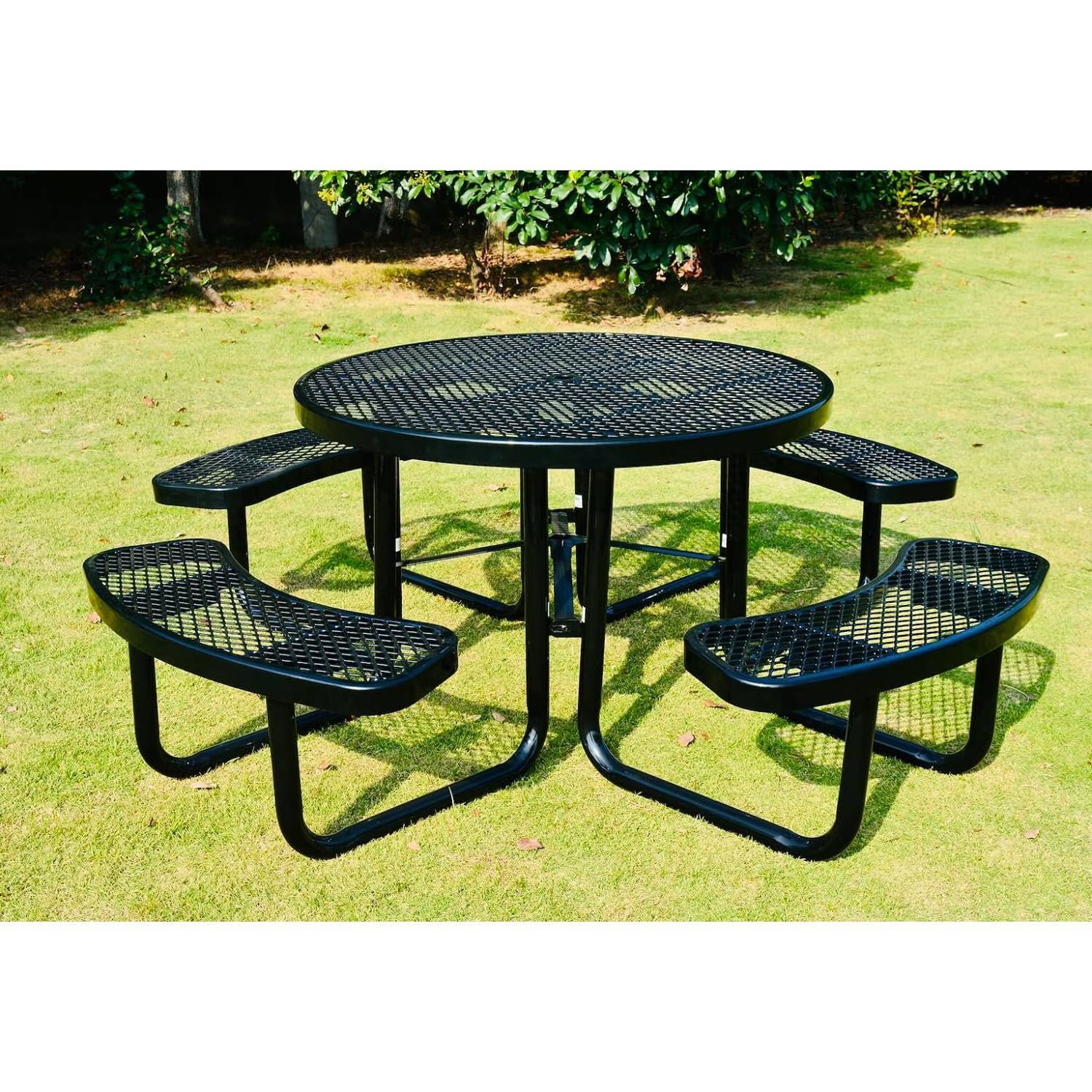 Angle. Hivvago - Heavy Duty Steel Metal Round Picnic Table w/ 4 Benches Outdoor Patio Dining Set - Black.