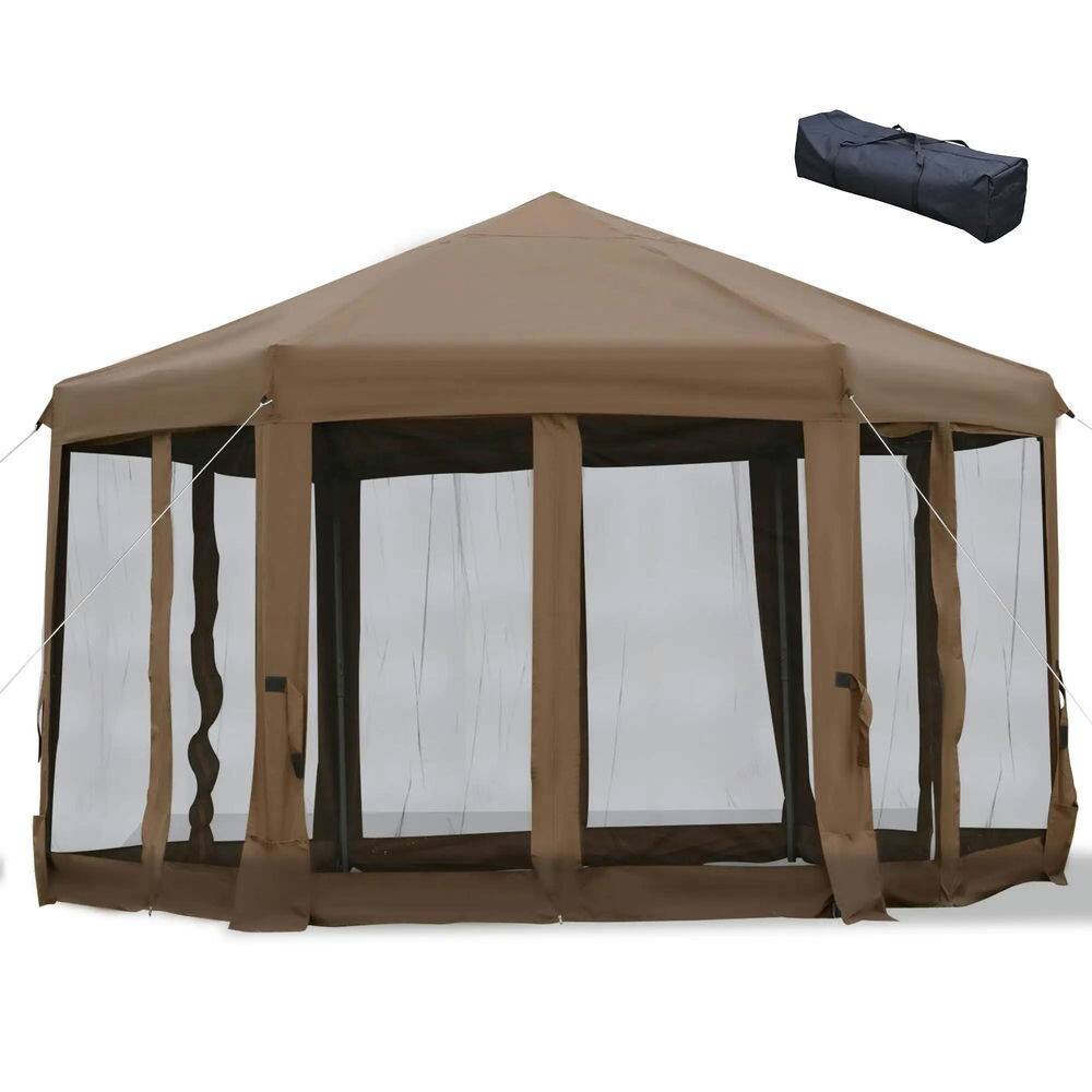 Alt View 7. Spaco - Spaco 13' x 11' Hexagonal Pop Up Gazebo,6 Sidewall Netting,Adjustable Height - Dark Brown.