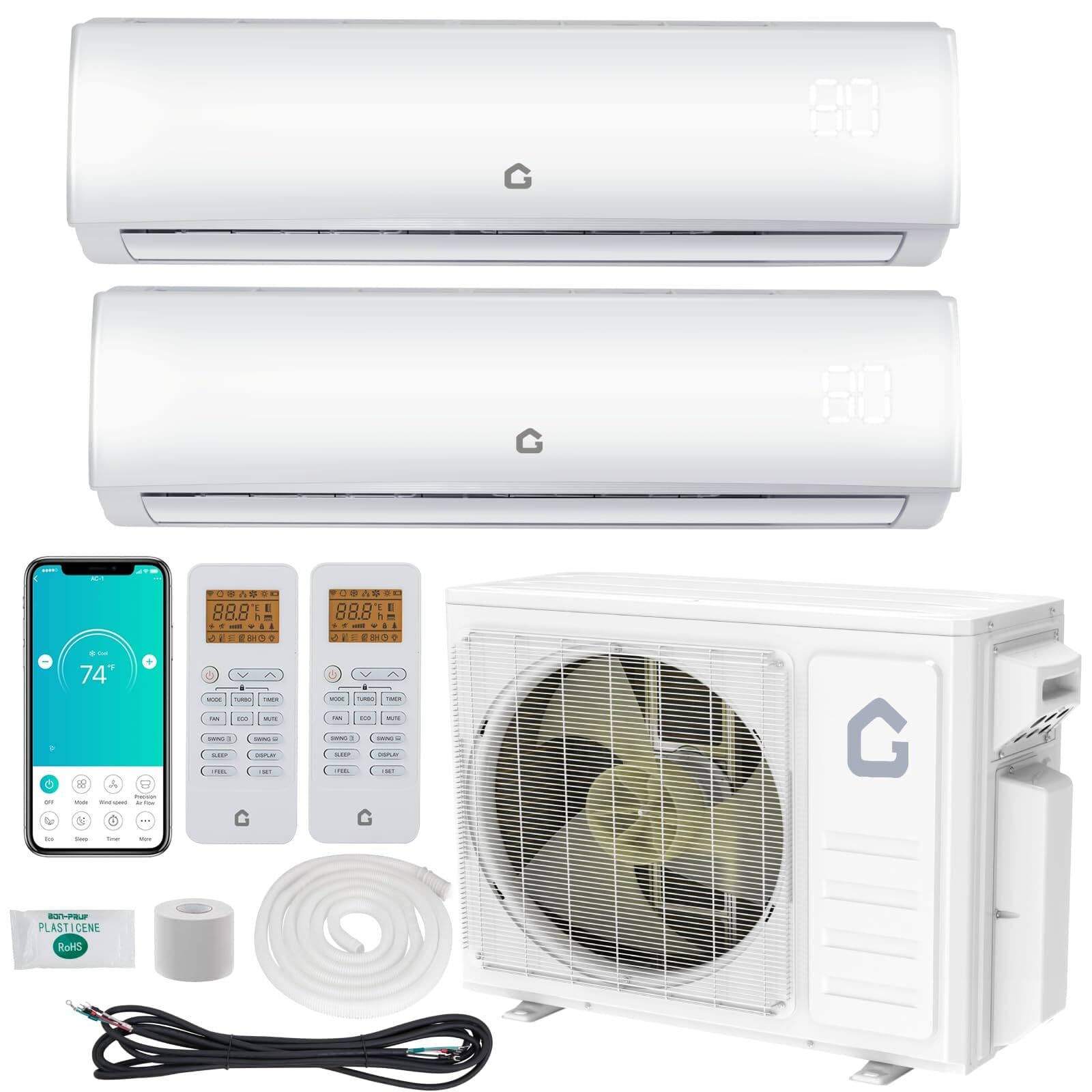 Jojoka - 20000 BTU Dual Zone Mini Ductless Split Air Conditioner& Heating System with Pre-Charged Condenser, 12K+12K BTU - White
