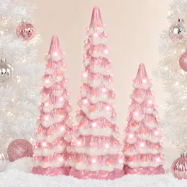 Best Choice Products - Set of 3 Pre-Lit Hand-Painted Ceramic Tabletop Christmas Trees w/ Bulbs - Pink
