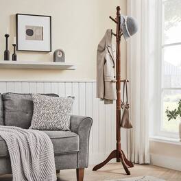 Hivvago - Adjustable Height Solid Wood Coat Rack with 10 Hooks in Dark Brown Finish - Dark Walnut