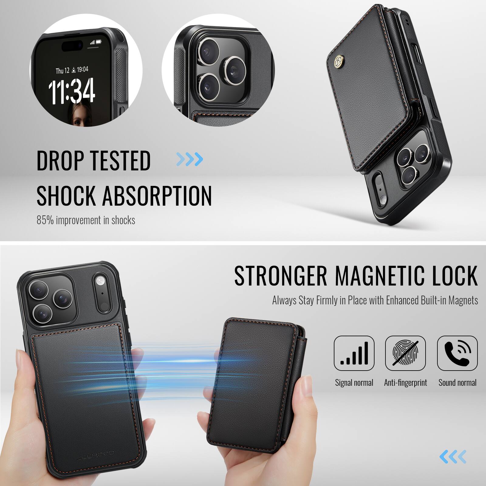 Thu 12 A 19:04 11:34

DROP TESTED >>> SHOCK ABSORPTION  
85% improvement in shocks

STRONGER MAGNETIC LOCK  
Always Stay Firmly in Place with Enhanced Built-in Magnets

Signal normal  
Anti-fingerprint  
Sound normal