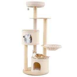 Gymax - 60'' Tall Cat Tree Wooden Kitten Tower w/ Sisal Scratching Posts & Mat 2 Condos Perch Hammock