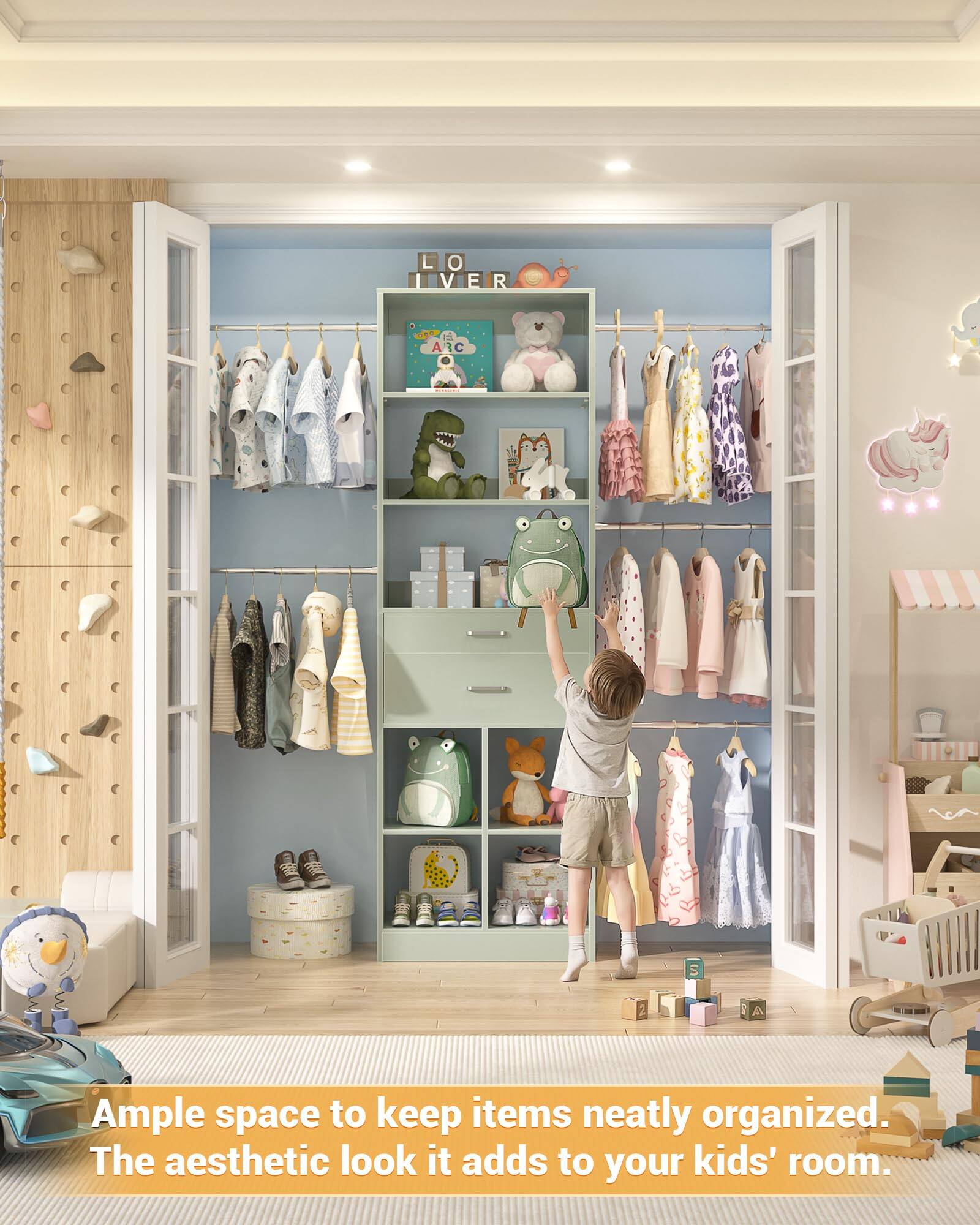 Ample space to keep items neatly organized. The aesthetic look it adds to your kids' room.