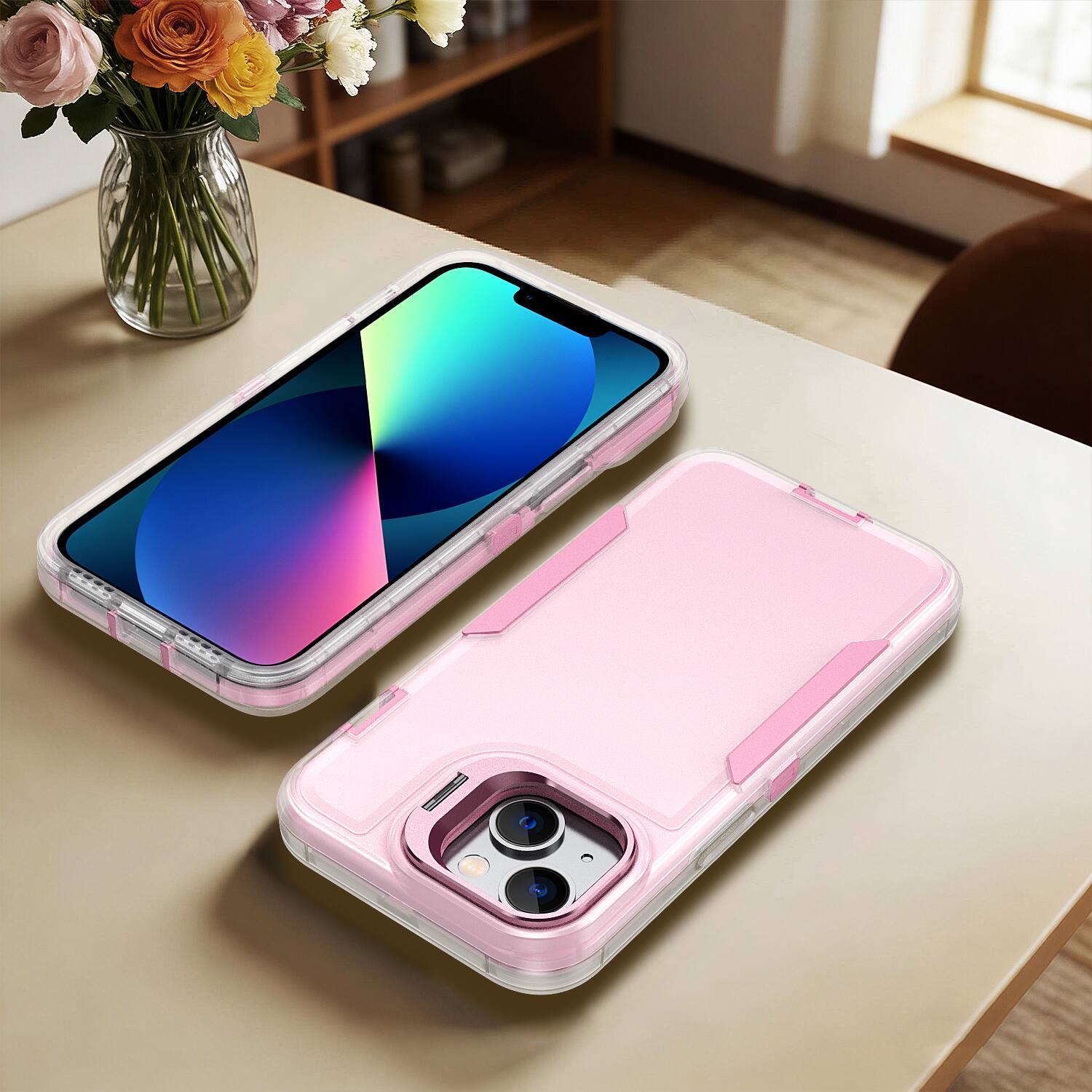 Alt View 2. Dteck - For Apple iPhone 17e/16e/14/13 Rugged Case, Heavy Duty Dual Layer Shockproof Lens Kickstand Drop Protection Cover - Pink.