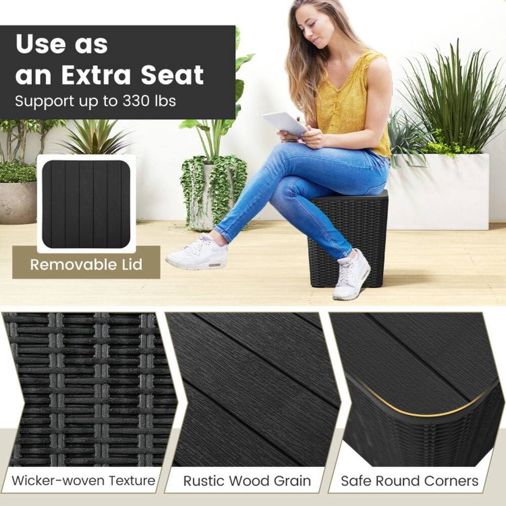 Use as an Extra Seat  
Support up to 330 lbs  

Removable Lid  

Wicker-woven Texture  
Rustic Wood Grain  
Safe Round Corners