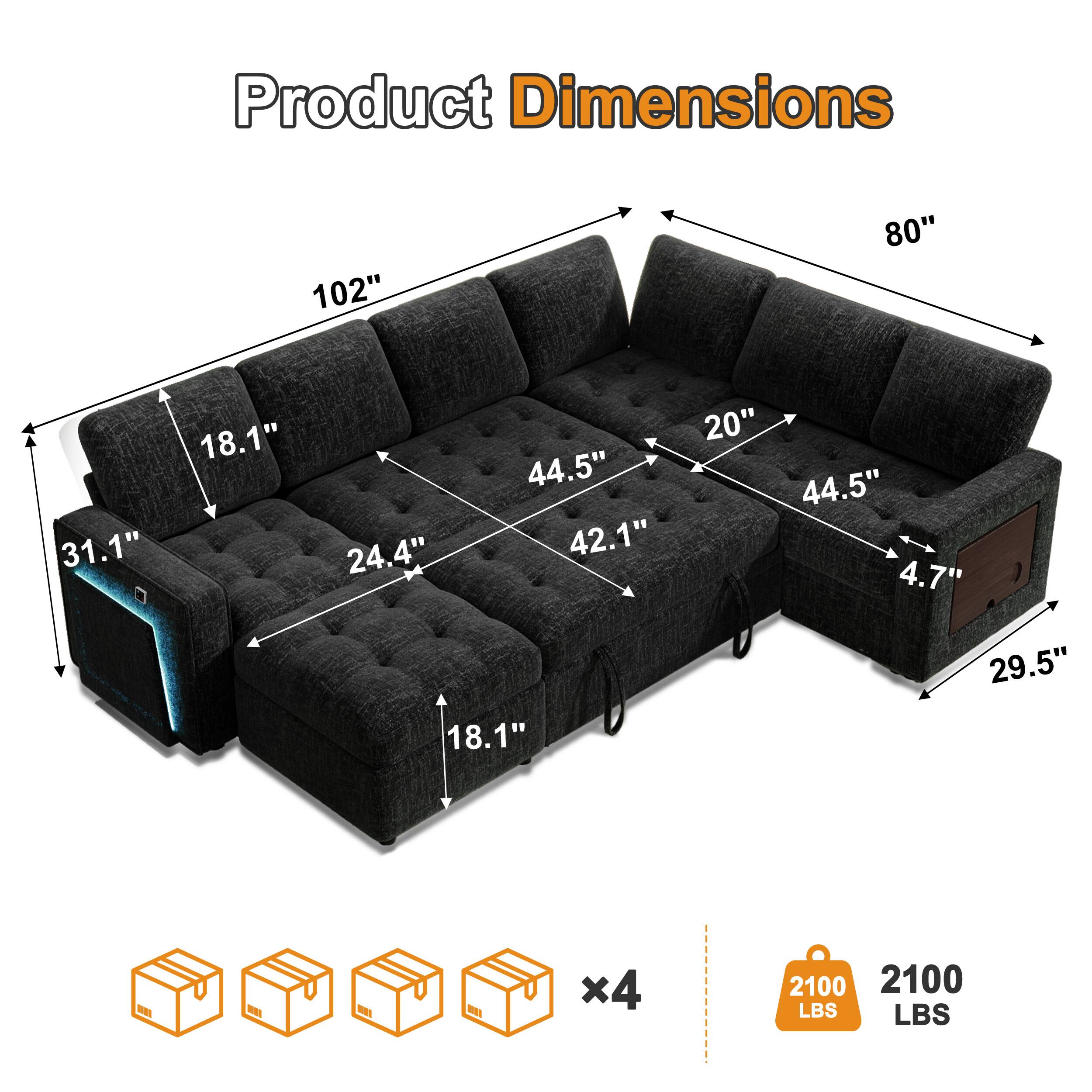Product Dimensions

102"  
80"  
18.1"  
20"  
44.5"  
44.5"  
31.1"  
24.4"  
42.1"  
4.7"  
29.5"  
18.1"  

x4  

2100 LBS  
2100 LBS
