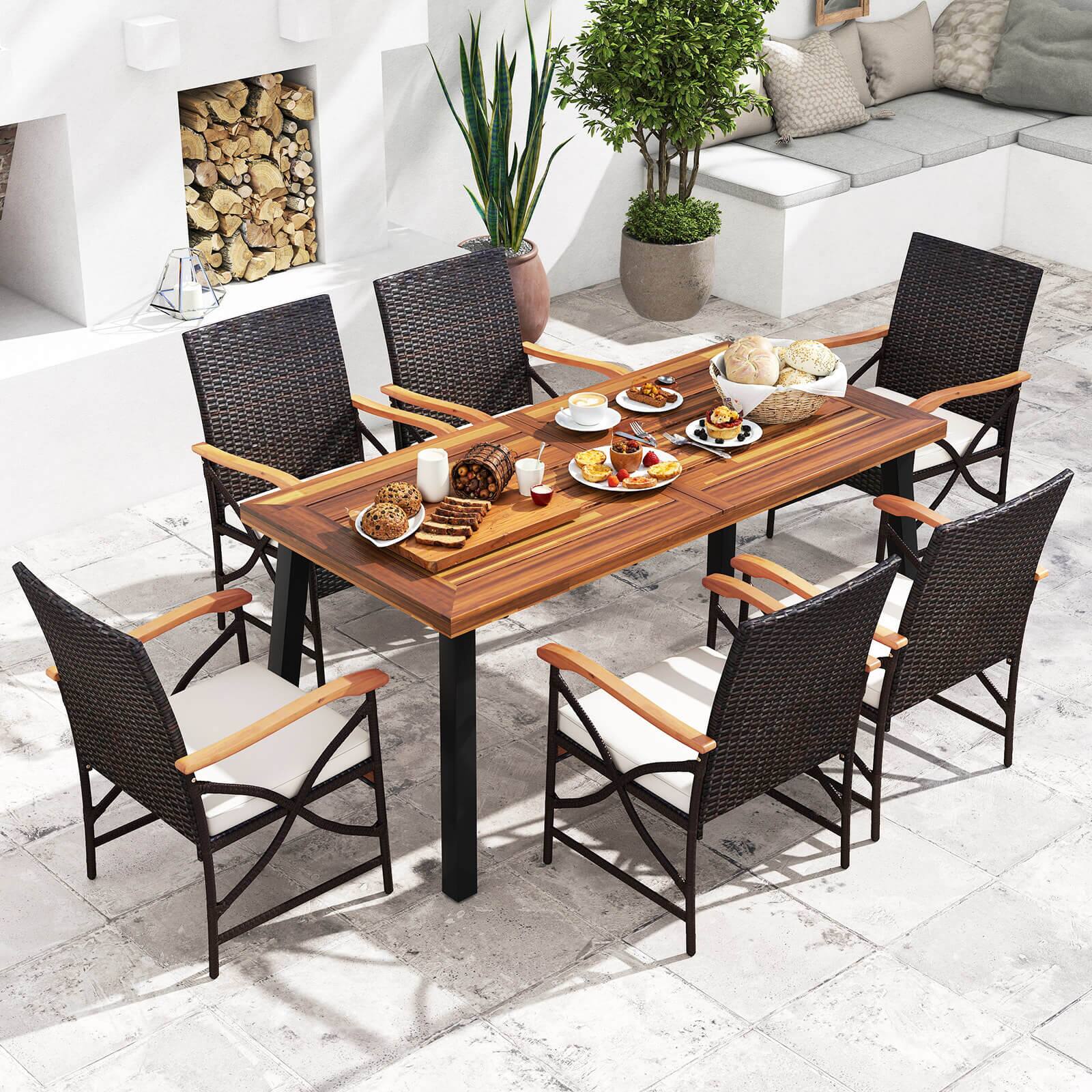 Alt View 3. Costway - Costway Wicker Dining Chair Set of 2 with Wood Armrests & Curved Backrest, Soft Cushion - Mix Brown,Off White.