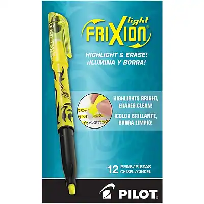 Light FRIXion
HIGHLIGHT & ERASE!
ILUMINA Y BORRA!
HIGHLIGHTS BRIGHT, ERASES CLEAN!
COLOR BRILLANTE, BORRA LIMPIO!
12 PENS / PIEZAS
CHISEL / CINCEL
PILOT