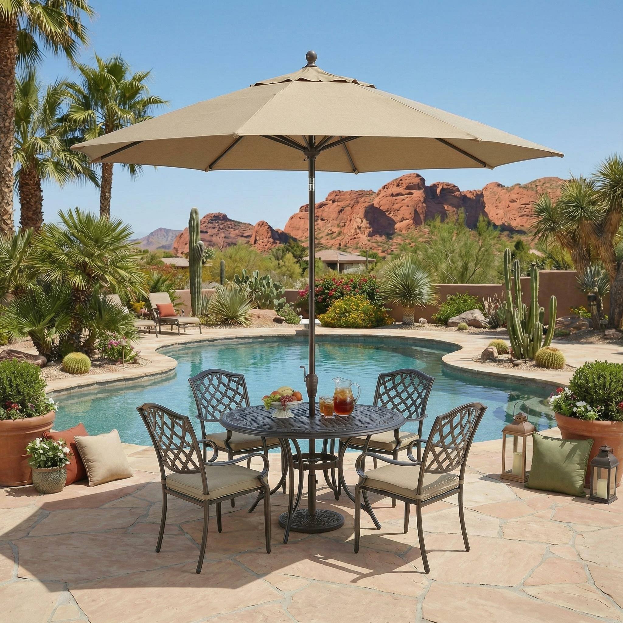 Angle. Mondawe - 5-Piece Outdoor Cast Aluminum Dining Set with Round Umbrella Hole Table and Cushioned Chairs - Bronze+Grey.