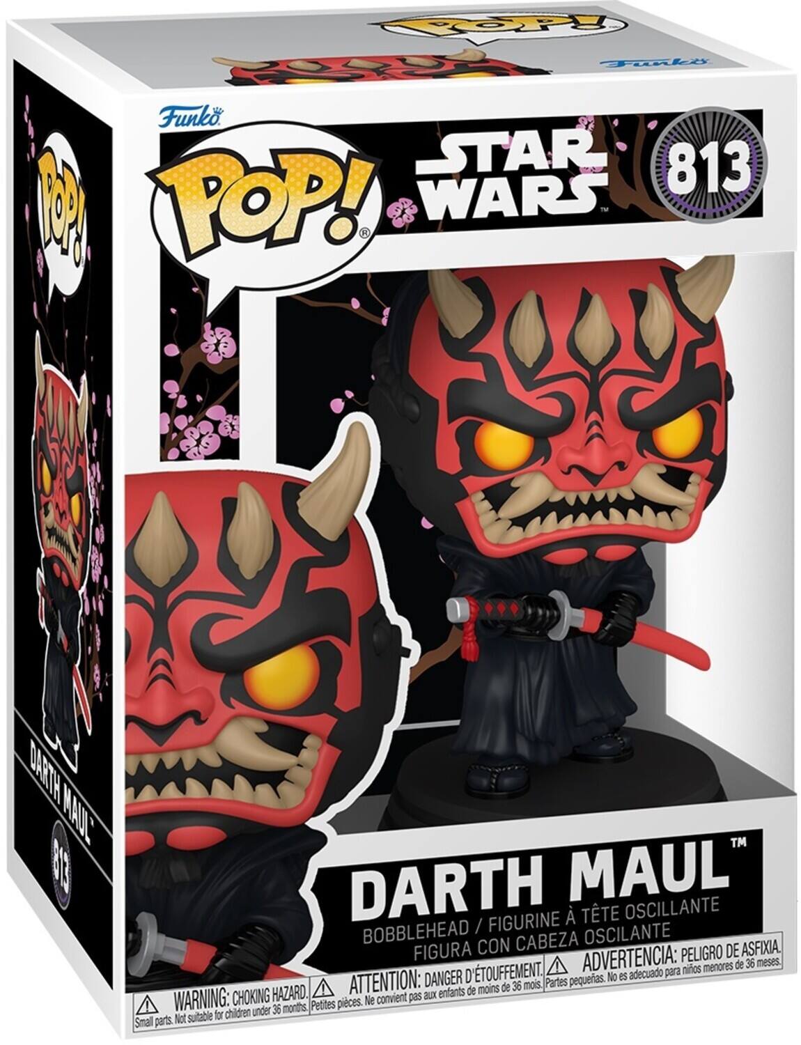 Funko POP!  
STAR WARS  
813  
DARTH MAUL  

BOBBLEHEAD / FIGURINE À TÊTE OSCILLANTE / FIGURA CON CABEZA OSCILANTE  

ADVERTENCIA: PELIGRO DE ASFIXIA.  
ATTENTION: DANGER D'ÉTOUFFEMENT.  
WARNING: CHOKING HAZARD.  

No es adecuado para niños menores de 36 meses.  
Ne convient pas aux enfants de moins de 36 mois.  
Not suitable for children under 36 months.  

Small parts.  
Petites pièces.  
Partes pequeñas.