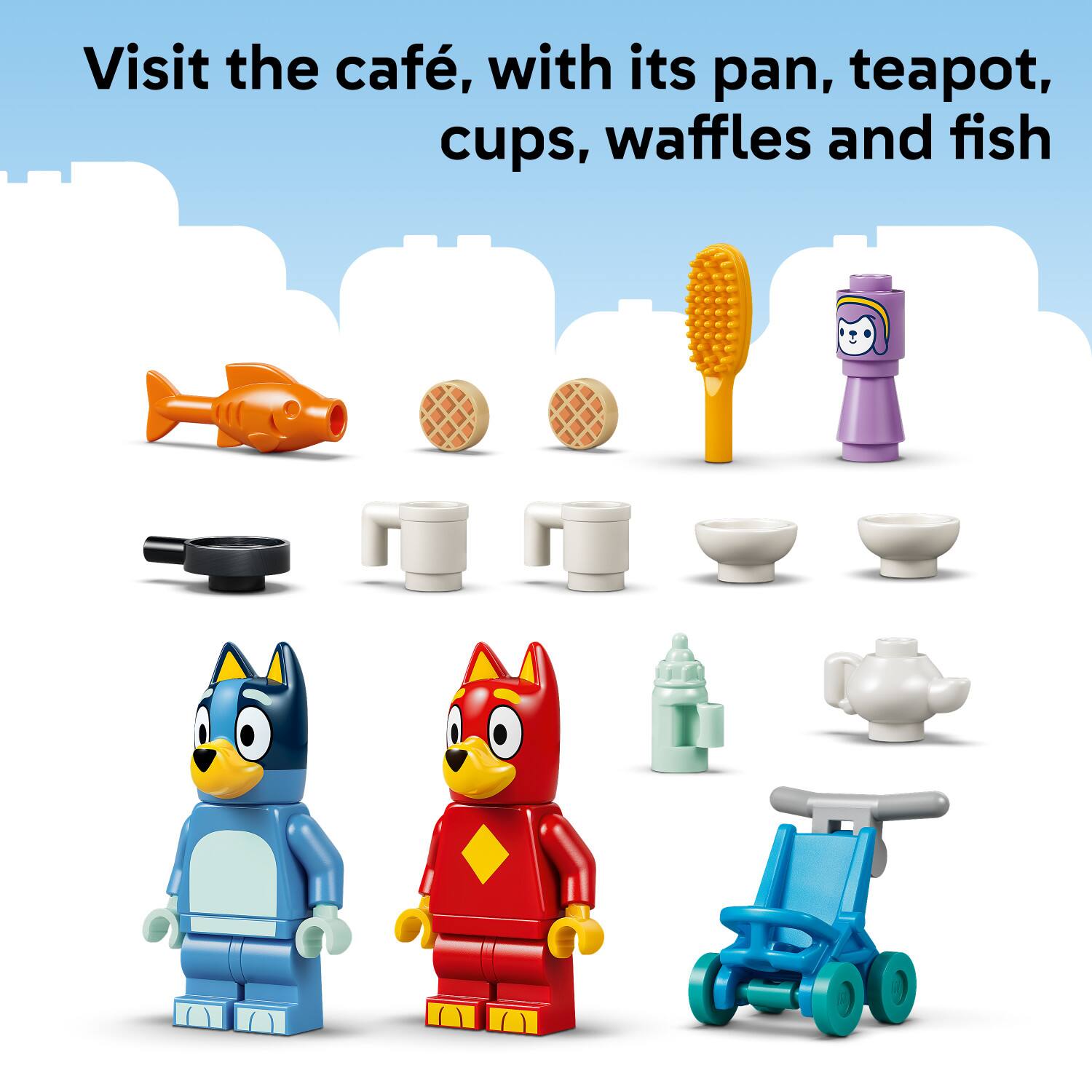 Visit the café, with its pan, teapot, cups, waffles and fish