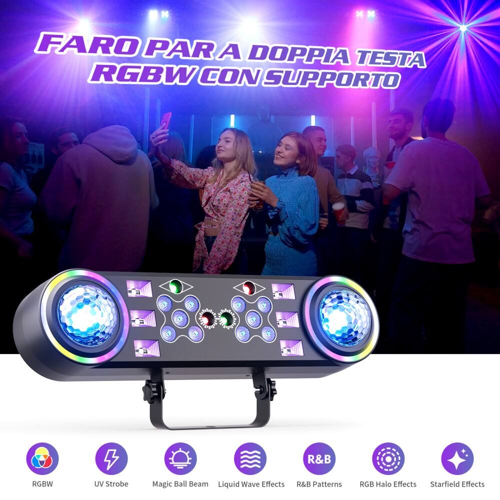 FARO PARA DOPPIA TESTA RGBW CON SUPPORTO

- RGBW
- UV Strobe
- Magic Ball Beam
- Liquid Wave Effects
- R&B Patterns
- RGB Halo Effects
- Starfield Effects