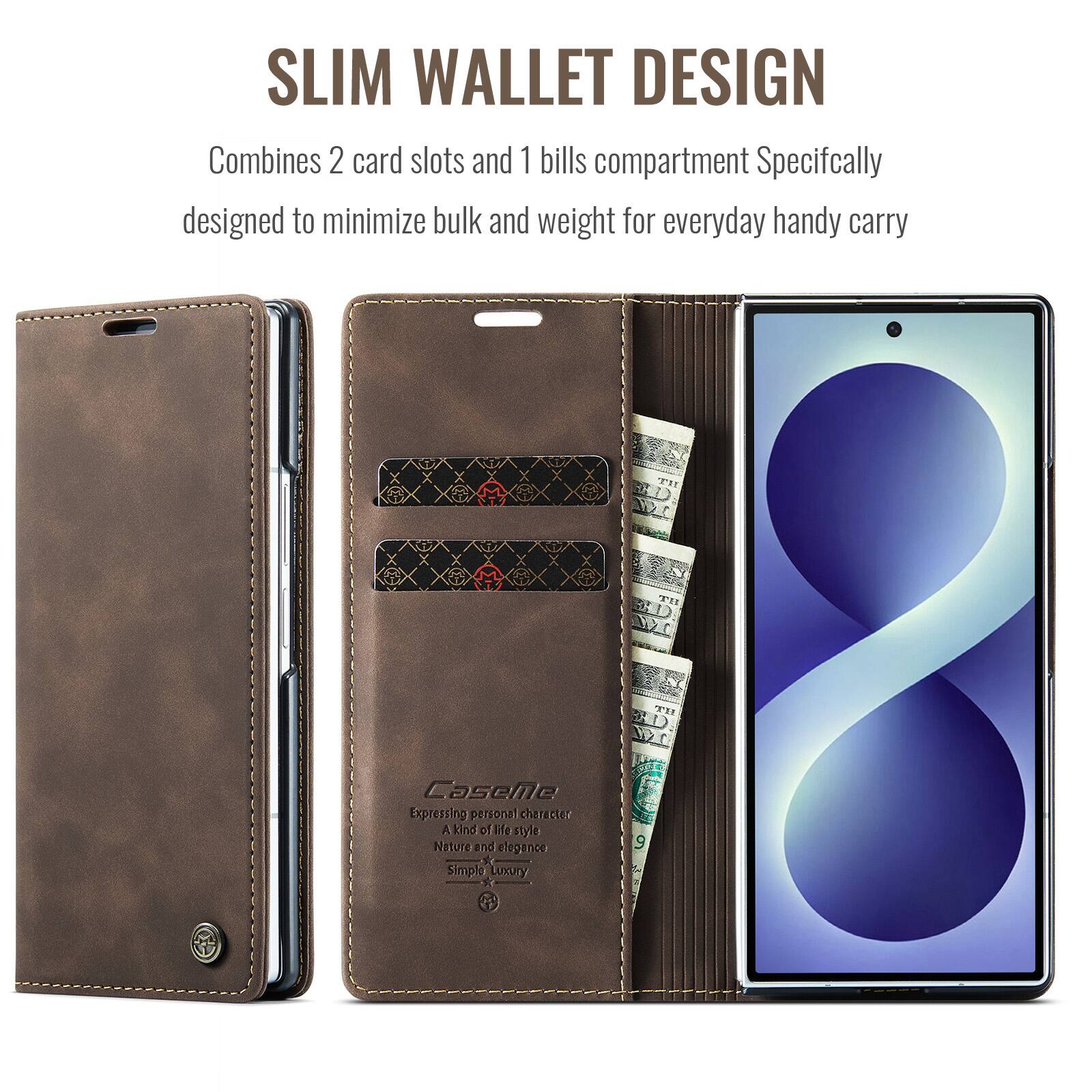 SLIM WALLET DESIGN  
Combines 2 card slots and 1 bills compartment  
Specifically designed to minimize bulk and weight for everyday handy carry  

CaseNe  
Expressing personal character  
A kind of life style  
Nature and elegance  
Simple Luxury