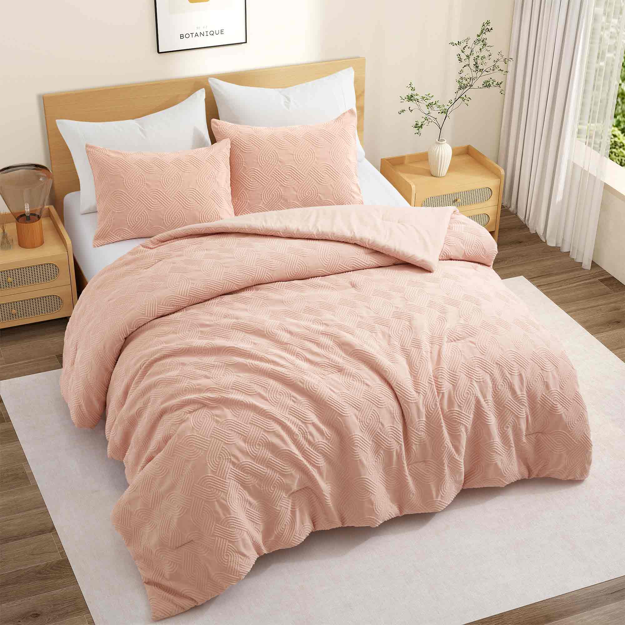 Angle. Peace Nest - Peace Nest 3-Piece Bubble Textured Seersucker Comforter Set, All Season Down Alternative Bedding, Pink, Full/Queen - Pink.