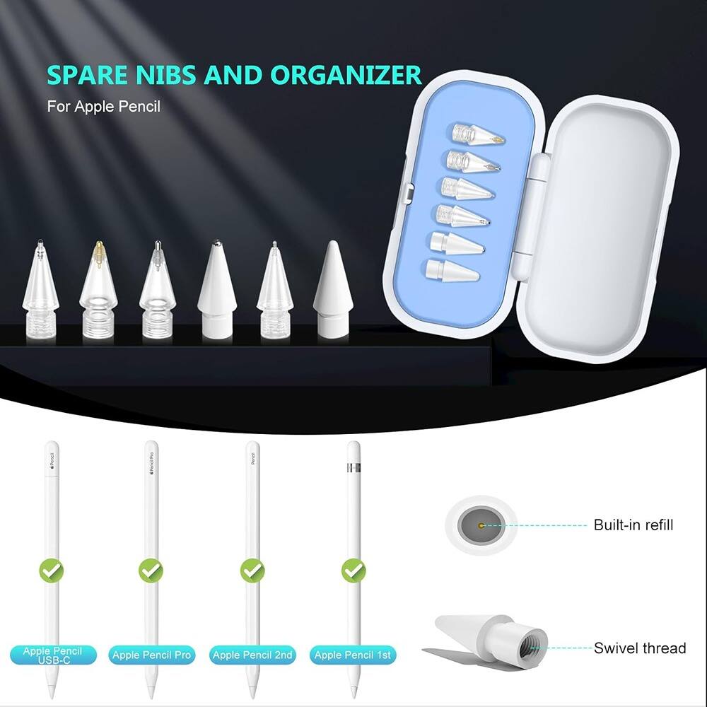 SPARE NIBS AND ORGANIZER  
For Apple Pencil  

Apple Pencil USB-C  
Apple Pencil Pro  
Apple Pencil 2nd  
Apple Pencil 1st  

Built-in refill  
Swivel thread