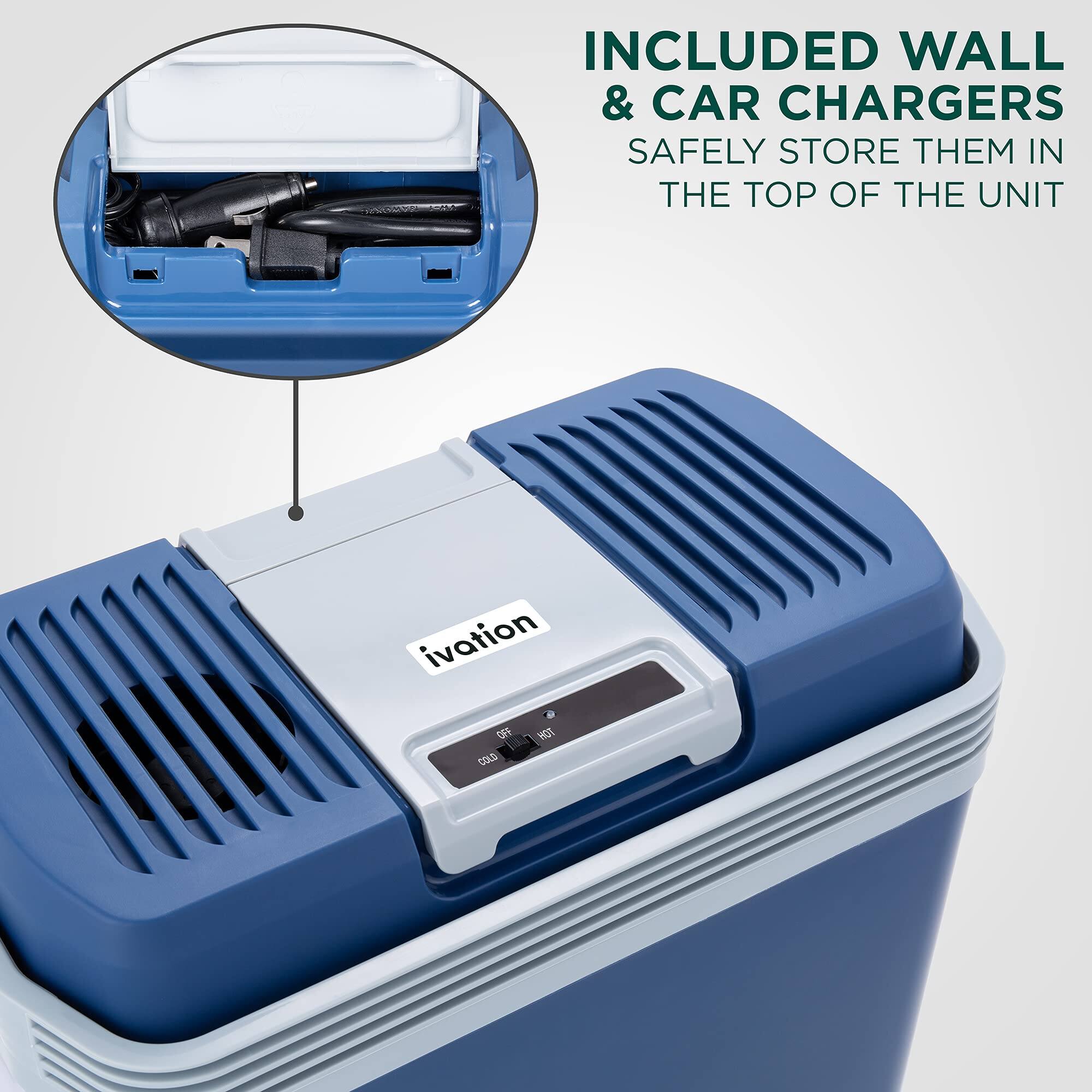 INCLUDED WALL & CAR CHARGERS SAFELY STORE THEM IN THE TOP OF THE UNIT ivation O COLD PT