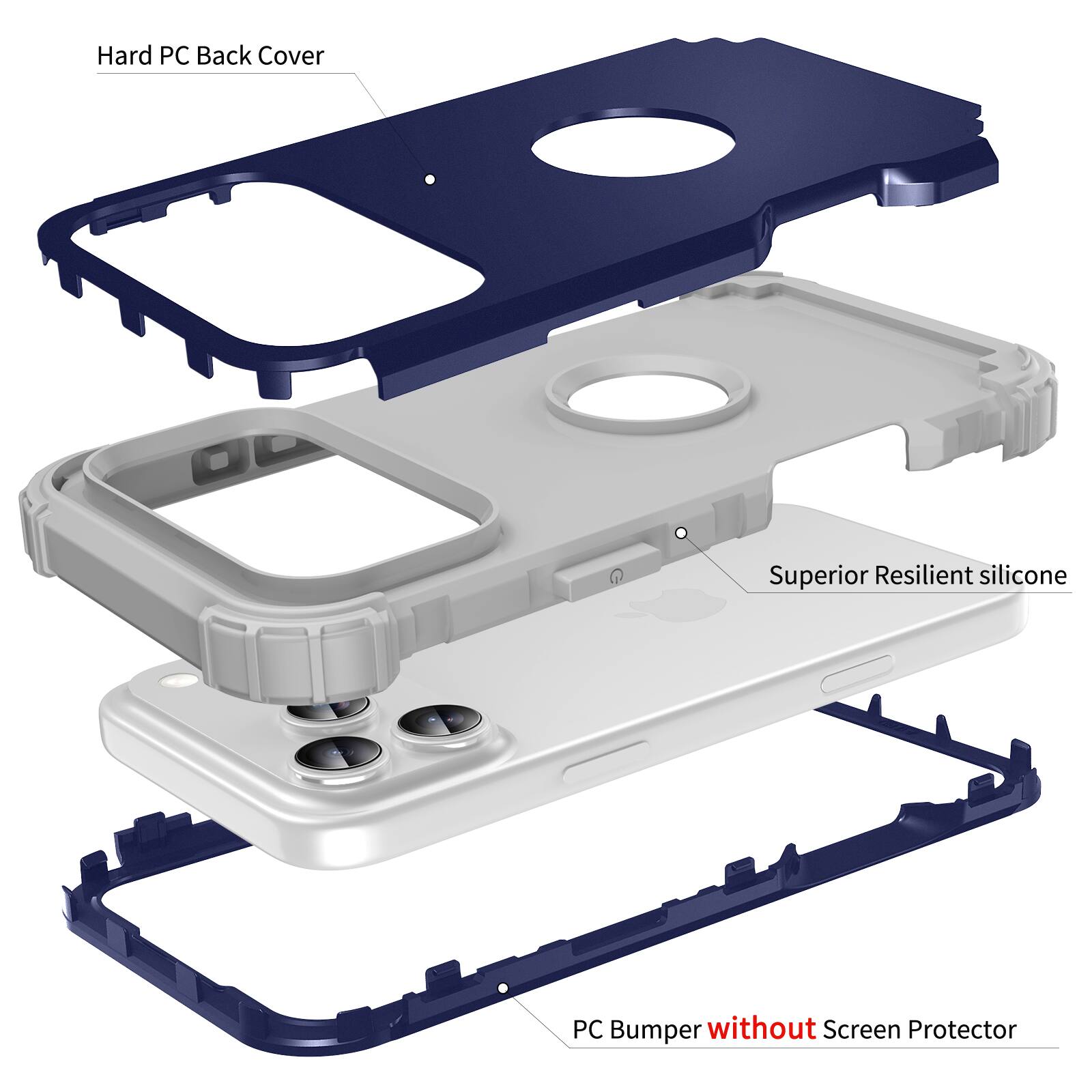 Hard PC Back Cover  
Superior Resilient silicone  
PC Bumper without Screen Protector