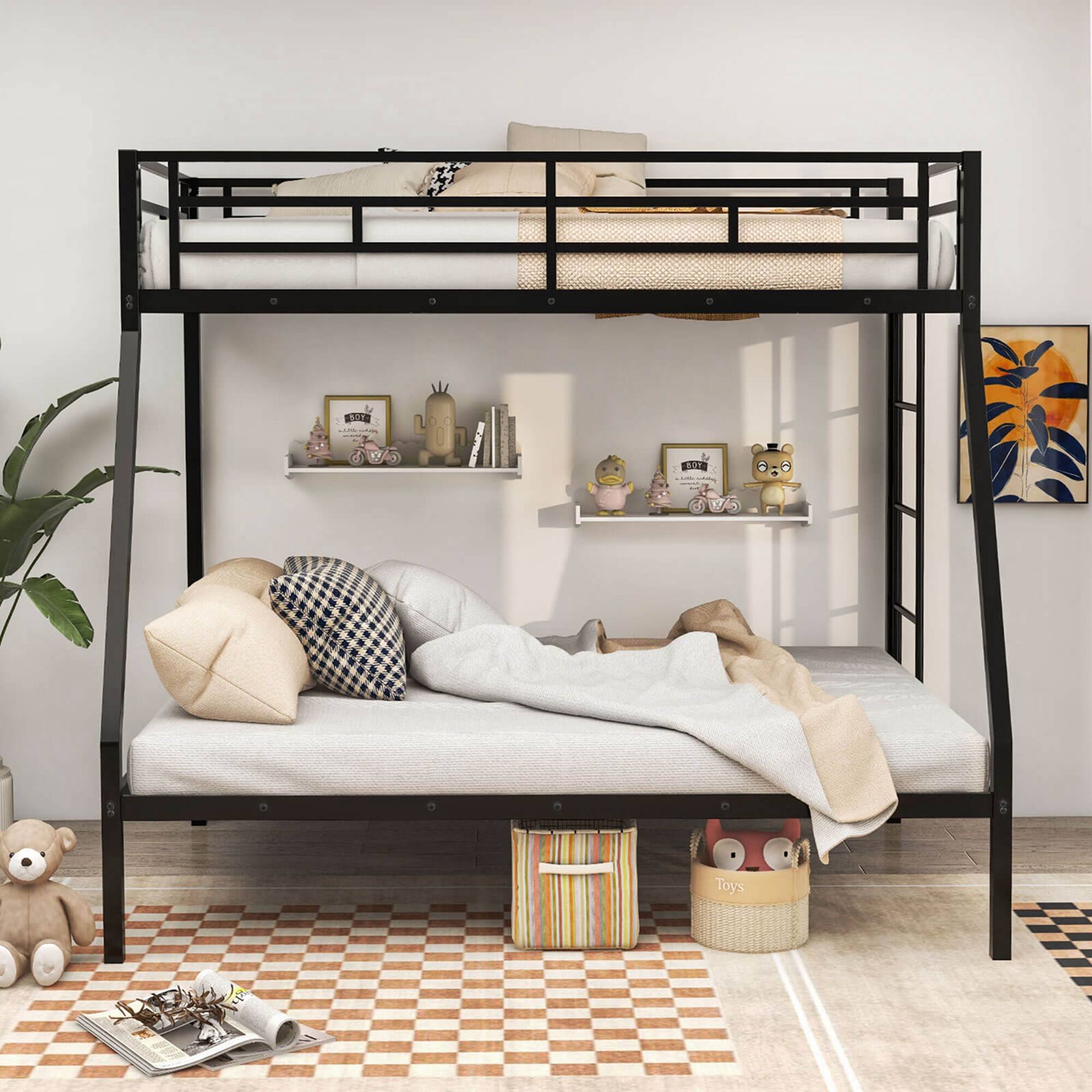 Alt View 4. Costway - Costway Twin Over Full Metal Bunk Bed with Integrated Ladder Full-length Guardrail - Black.