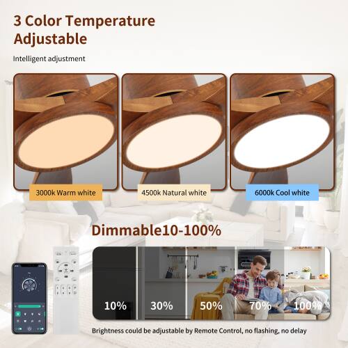 3 Color Temperature Adjustable  
Intelligent adjustment  
3000k Warm white  
4500k Natural white  
6000k Cool white  

Dimmable 10-100%  
10% 30% 50% 70% 100%  

Brightness could be adjustable by Remote Control, no flashing, no delay