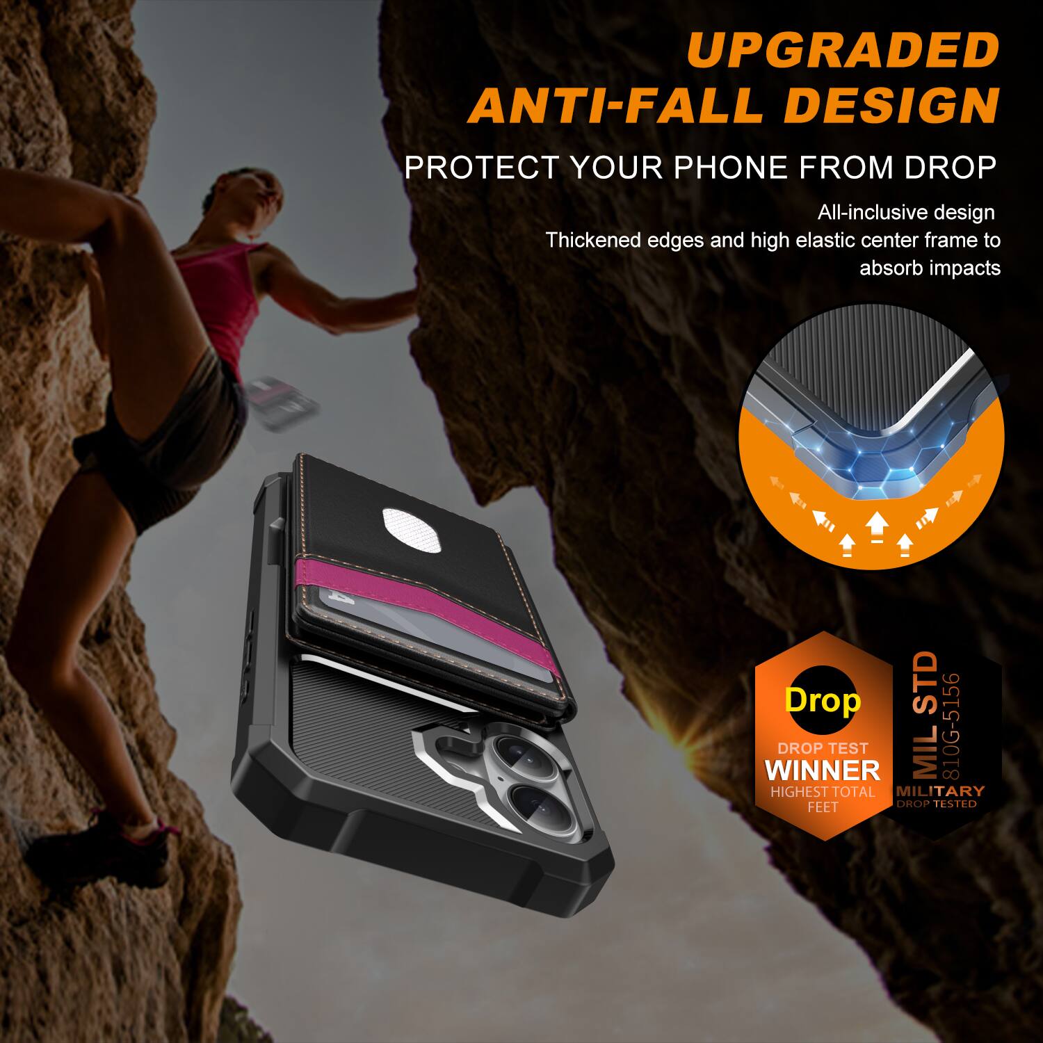 UPGRADED ANTI-FALL DESIGN  
PROTECT YOUR PHONE FROM DROP  

All-inclusive design  
Thickened edges and high elastic center frame to absorb impacts  

Drop TEST WINNER  
MIL 810G-5156  
HIGHEST TOTAL MILITARY FEET DROP TESTED