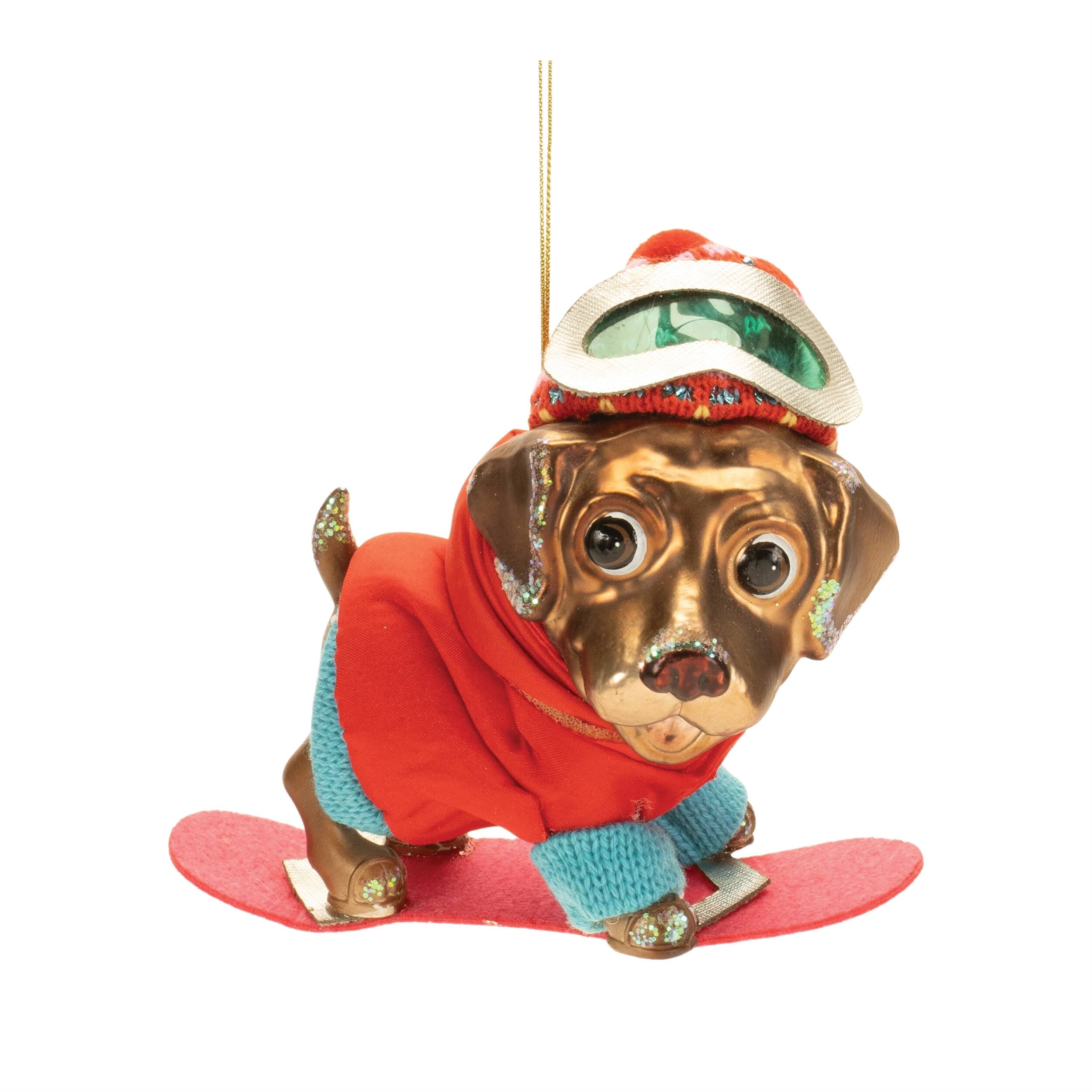 Angle. BreeBe - Glittered Snowboarding Dog Ornament (Set of 6) - Brown.