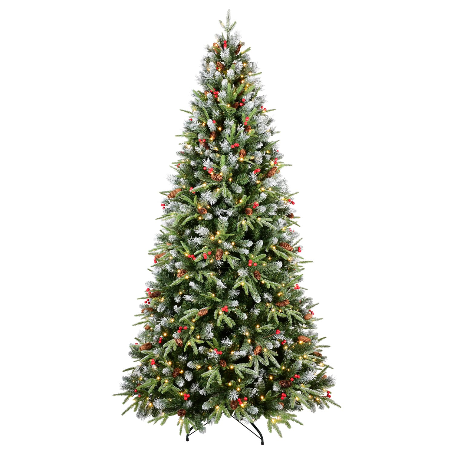 Spaco - 7FT Foldable Artificial Christmas Tree with Berries Pine Cones and LED Light - Green