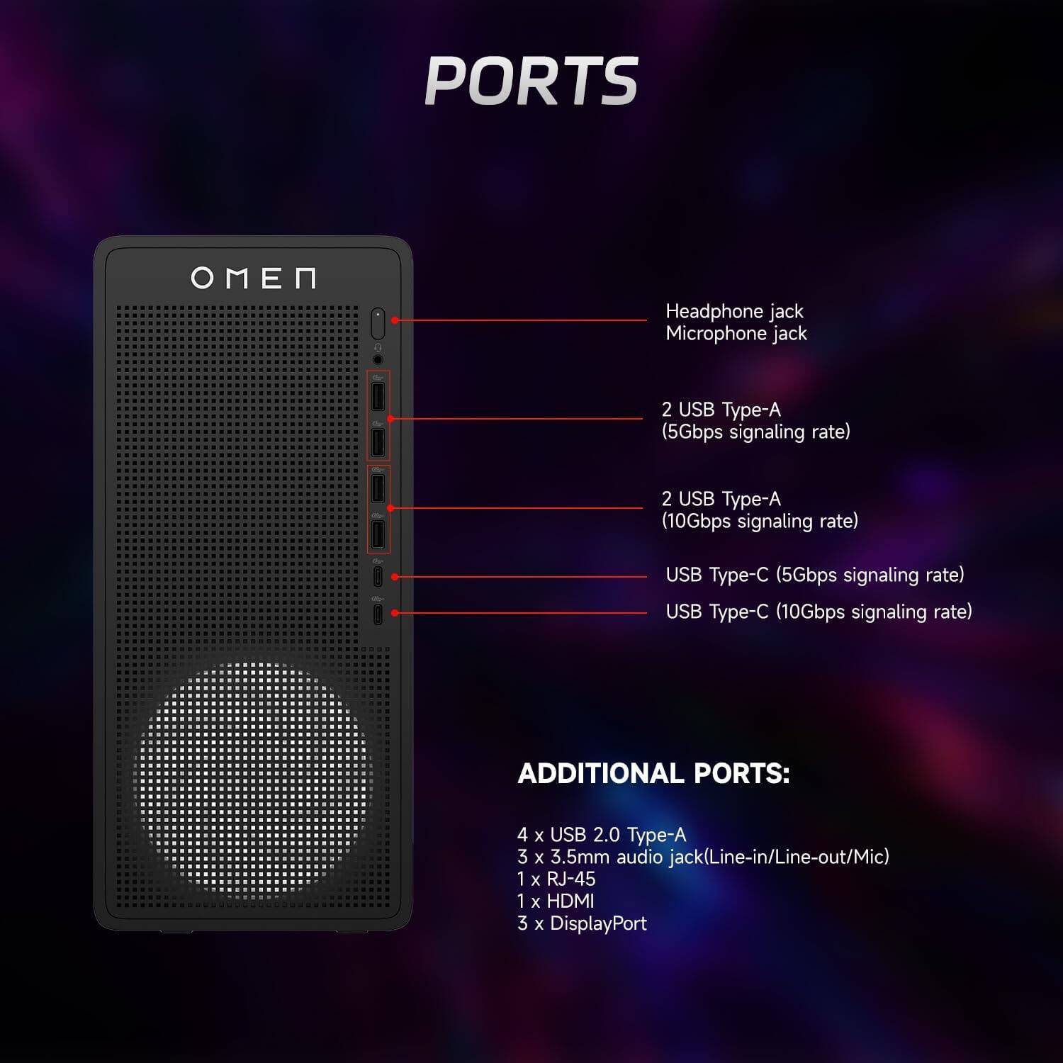 **PORTS**

- Headphone jack
- Microphone jack
- 2 USB Type-A (5Gbps signaling rate)
- 2 USB Type-A (10Gbps signaling rate)
- USB Type-C (5Gbps signaling rate)
- USB Type-C (10Gbps signaling rate)

**ADDITIONAL PORTS:**

- 4 x USB 2.0 Type-A
- 3 x 3.5mm audio jack (Line-in/Line-out/Mic)
- 1 x RJ-45
- 1 x HDMI
- 3 x DisplayPort