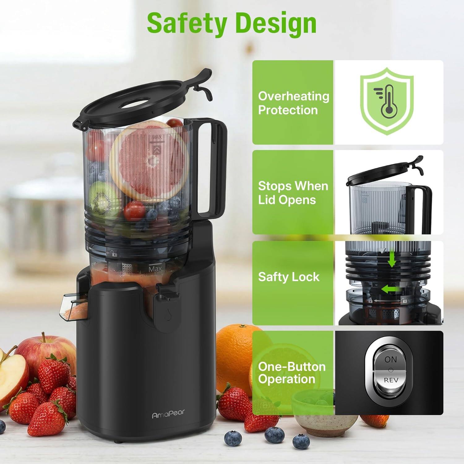 Safety Design  
- Overheating Protection  
- Stops When Lid Opens  
- Safety Lock  
- One-Button Operation  

AmaPear