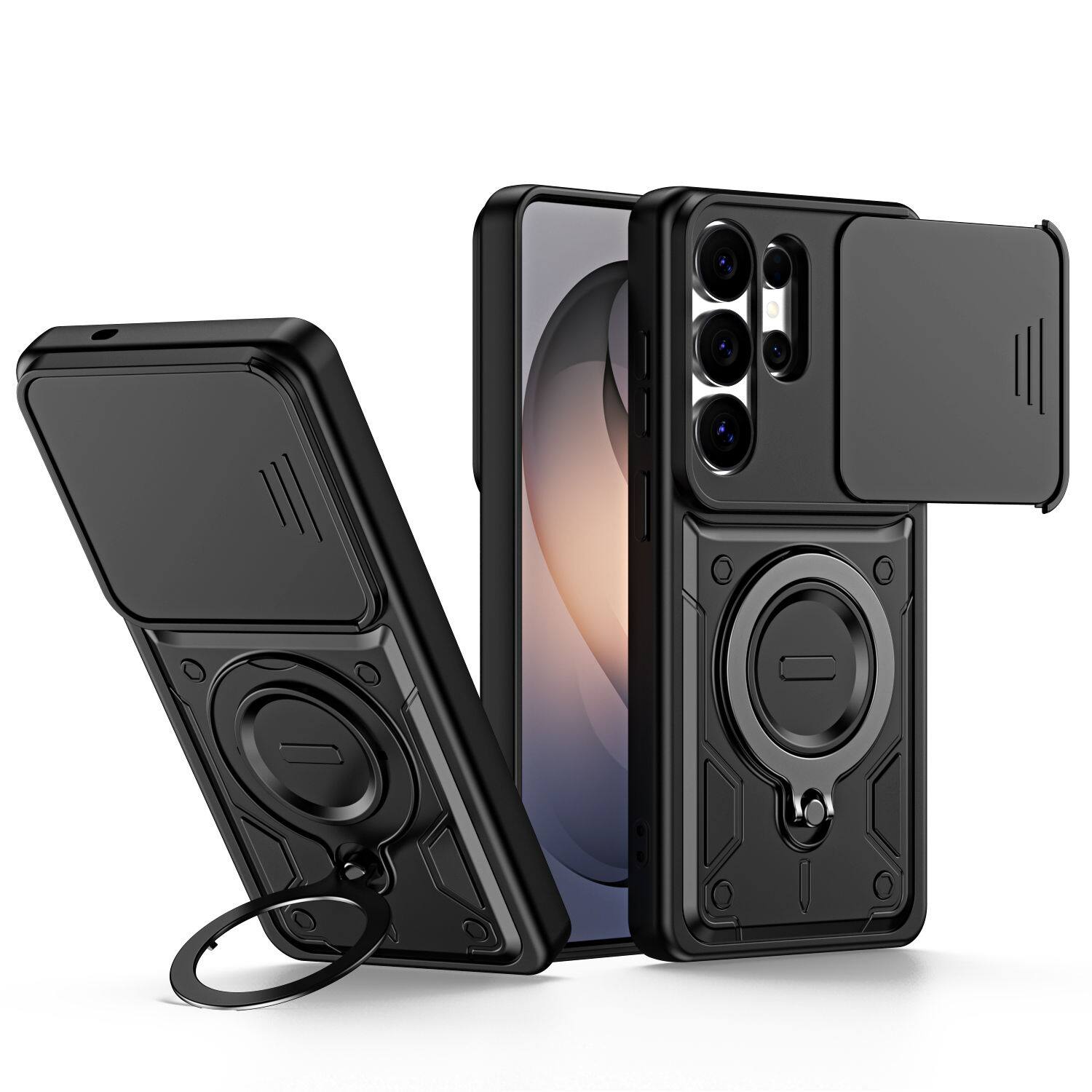 Dteck - For Samsung Galaxy S26 Ultra Shockproof Ring Kickstand Drop Protection Rugged Case Sliding Camera Lens Cover - Black