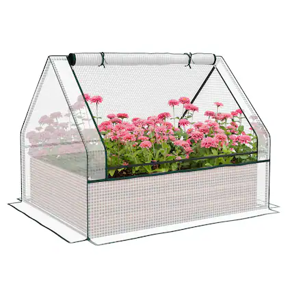 Front. Outsunny - Raised Garden Bed, Outdoor Metal Planter Box with Mini Greenhouse - White and Brown.