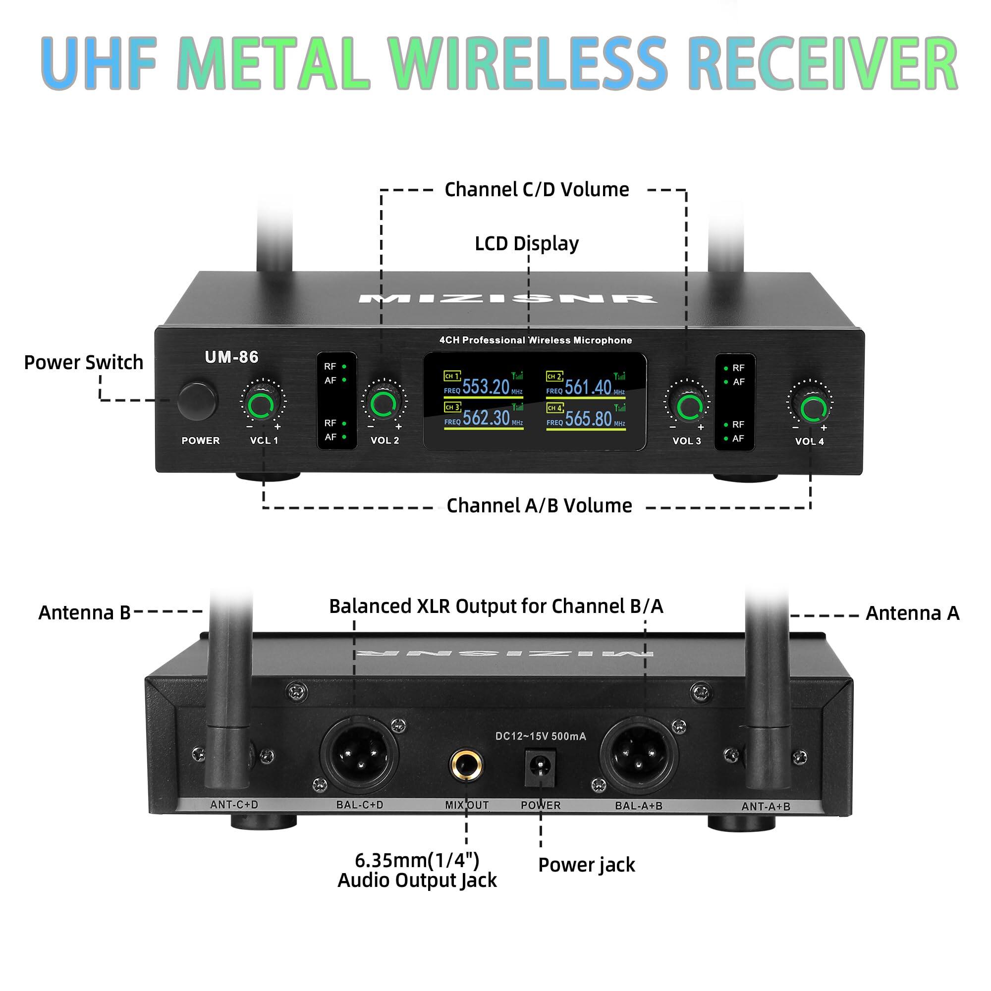 UHF METAL WIRELESS RECEIVER

- Channel C/D Volume
- LCD Display
- Power Switch
- Channel A/B Volume
- Balanced XLR Output for Channel B/A
- Antenna A
- Antenna B
- 6.35mm (1/4") Audio Output Jack
- Power jack

UM-86

- RF AF VOL 2
- RF AF VOL 3
- RF AF VOL 4
- 4CH Professional Wireless Microphone
- DC12-15V 500mA
- ANT-C+D
- BAL-C+D
- MIXOUT
- BAL-A+B
- ANT-A+B

Channel C/D Volume
Channel A/B Volume

LCD Display

Power Switch

Antenna B

Balanced XLR Output for Channel B/A

Antenna A

6.35mm (1/4") Audio Output Jack

Power jack