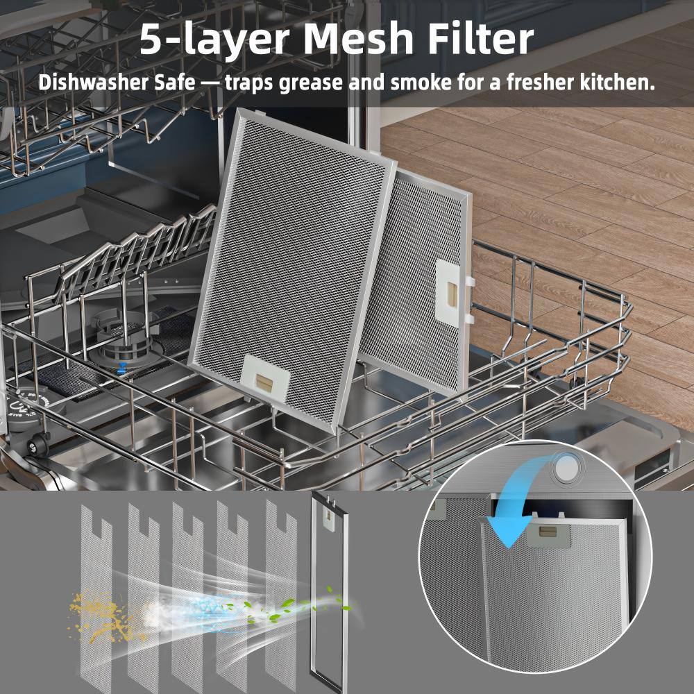 5-layer Mesh Filter  
Dishwasher Safe — traps grease and smoke for a fresher kitchen.