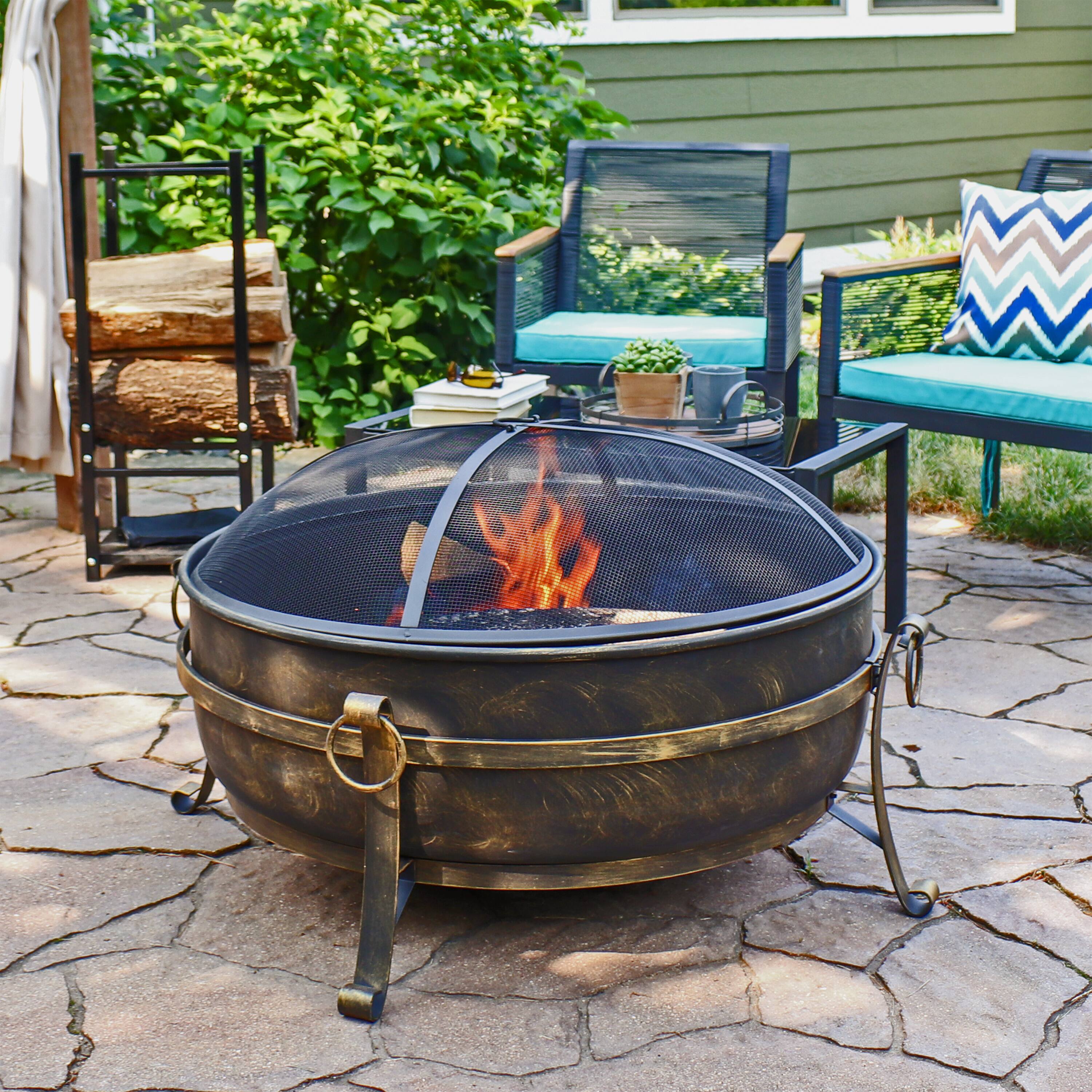 Alt View 9. Sunnydaze - 34 in Cauldron Outdoor Fire Pit Bowl with Spark Screen and Poker - Black.