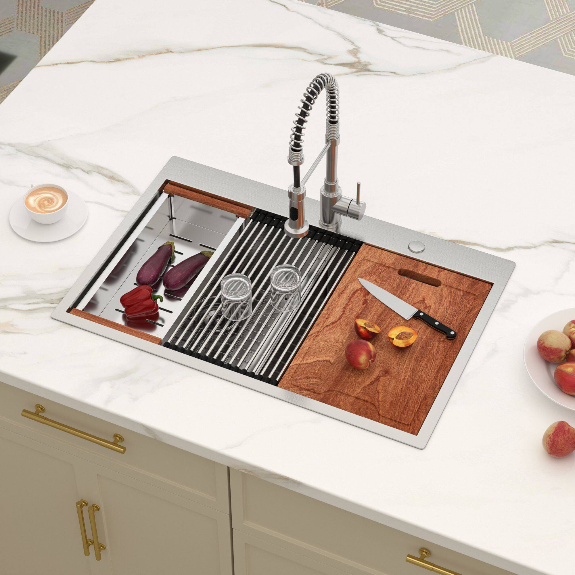 Left. Lordear - 36"x 22" x 10" Double Bowl (50/50)Topmount Drop in Kitchen Sink 16 Gauge with Two 10" Deep Basin - Stainless steel.