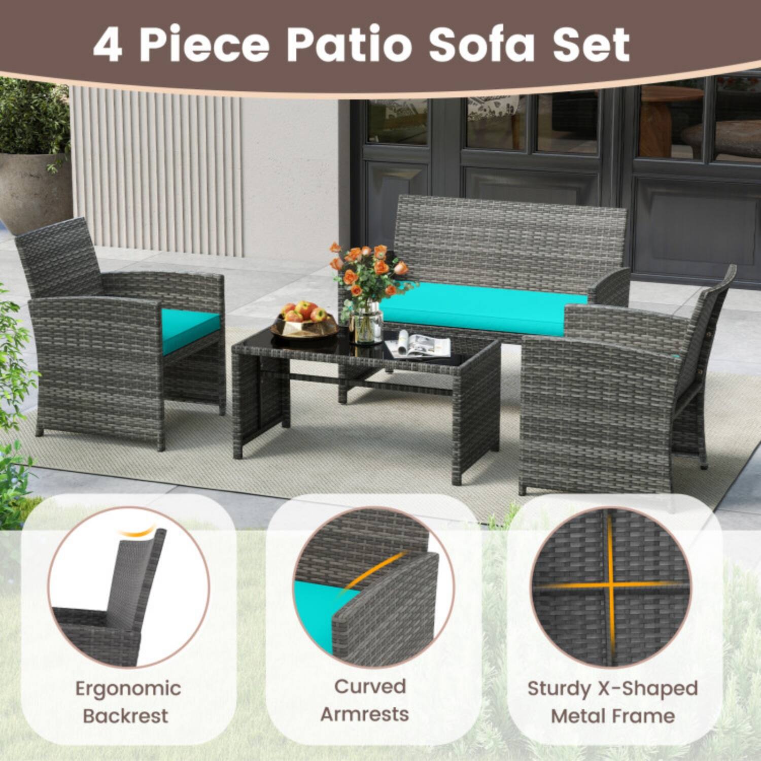 4 Piece Patio Sofa Set

- Ergonomic Backrest
- Curved Armrests
- Sturdy X-Shaped Metal Frame