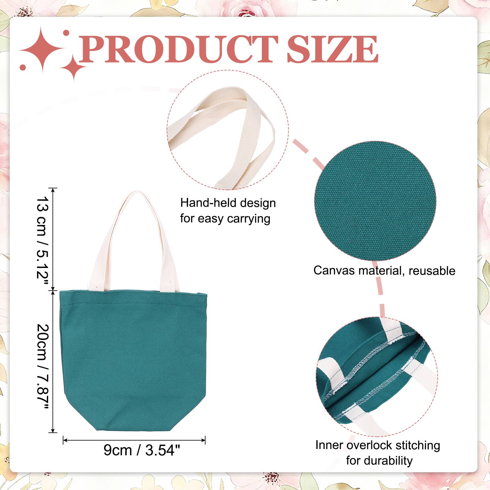 PRODUCT SIZE

13 cm / 5.12"  
Hand-held design for easy carrying

20cm / 7.87"  
Canvas material, reusable

9cm / 3.54"  
Inner overlock stitching for durability