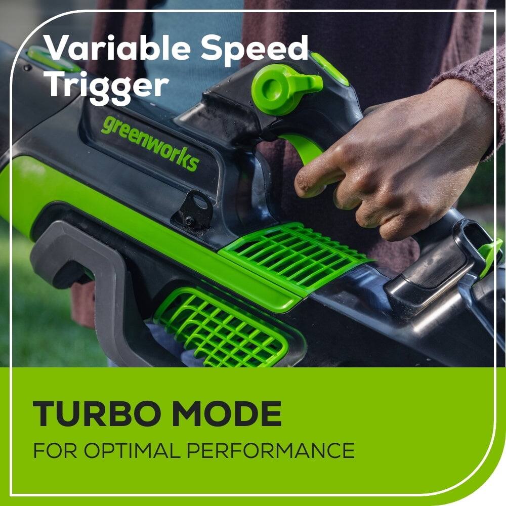 Variable Speed Trigger  
greenworks  

TURBO MODE  
FOR OPTIMAL PERFORMANCE