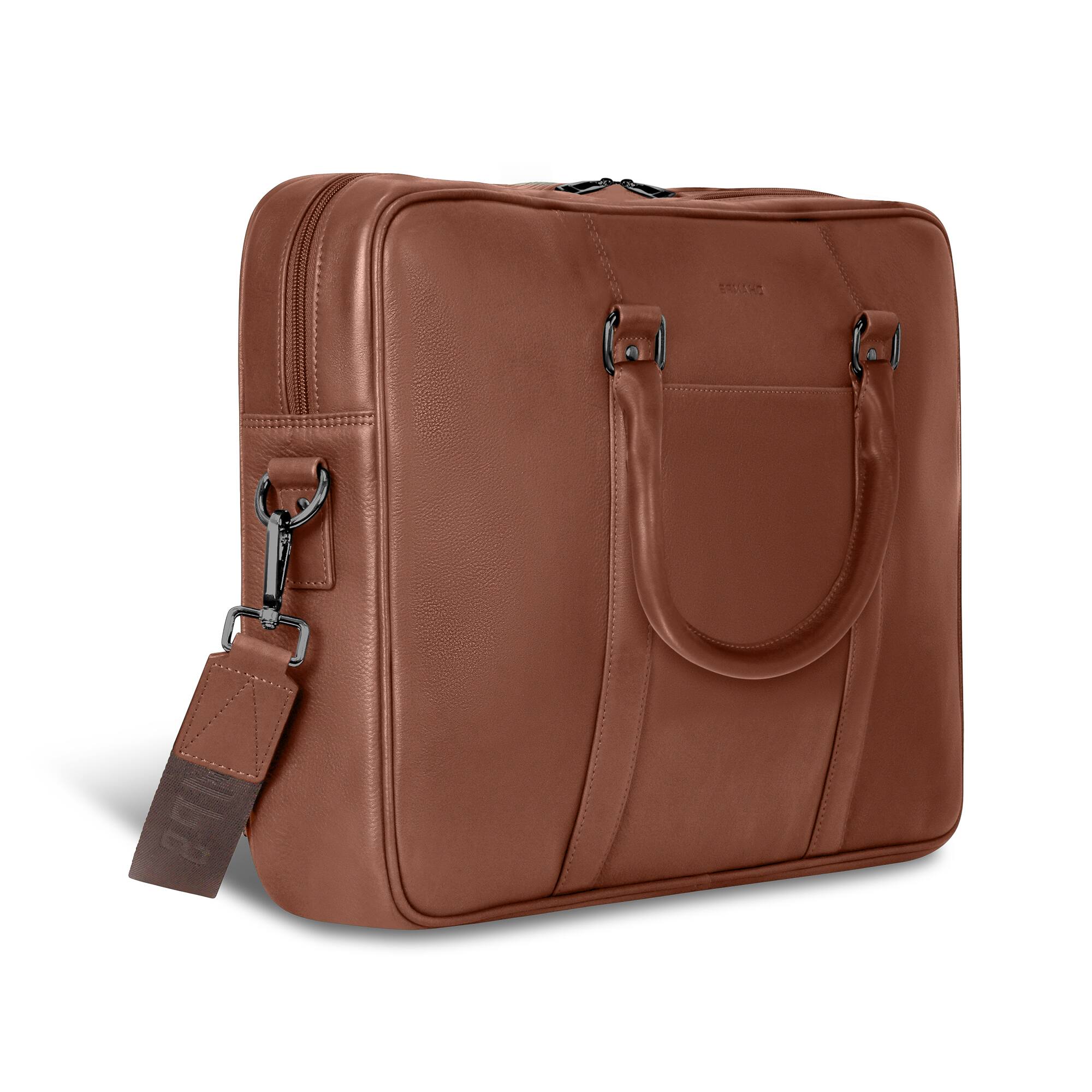 Angle. Champs - Onyx Leather Slim Laptop Briefcase - Brown.