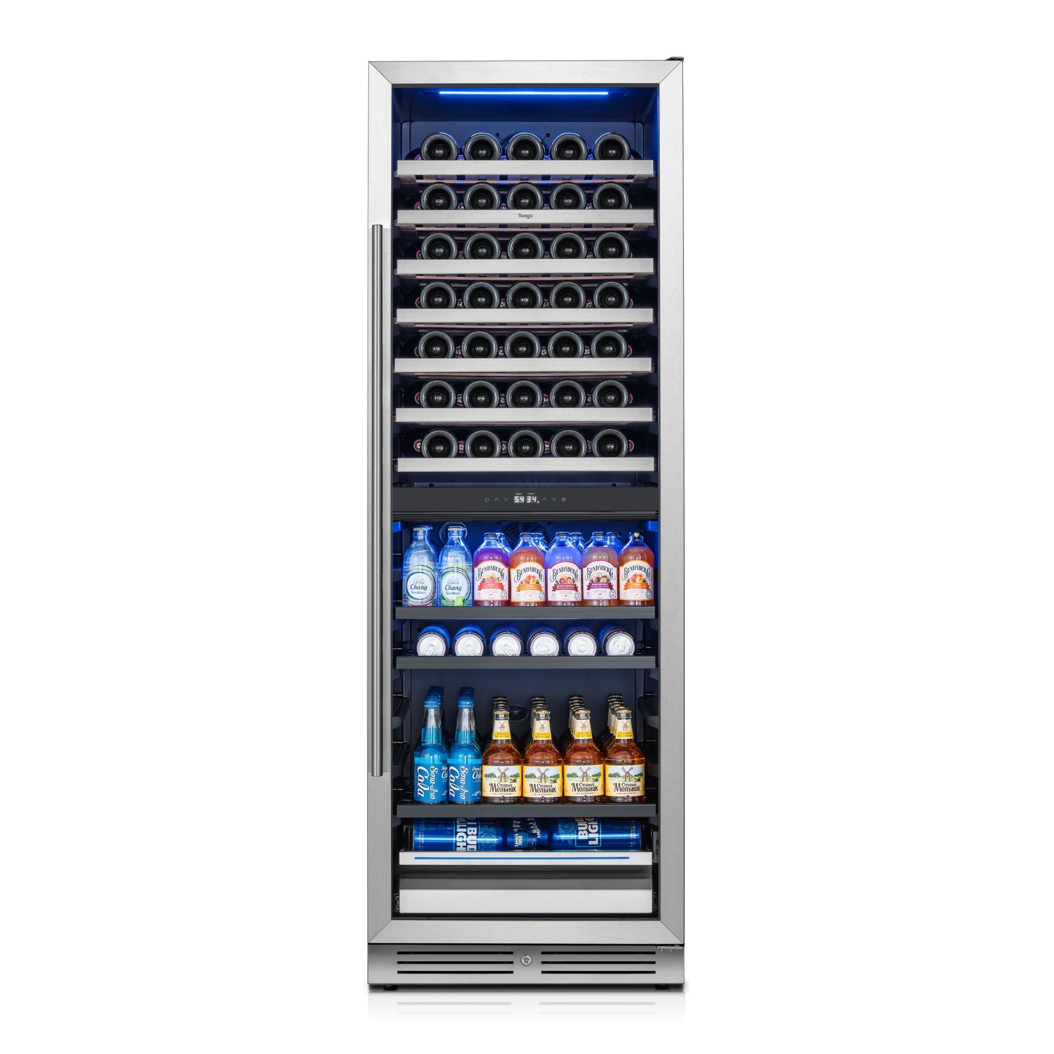 Yeego - 24 Inch Built-In Dual Zone Wine Cooler Refrigerator, Holds 77 Bottles & 182 Cans, for Home, Bar - Stainless Steel