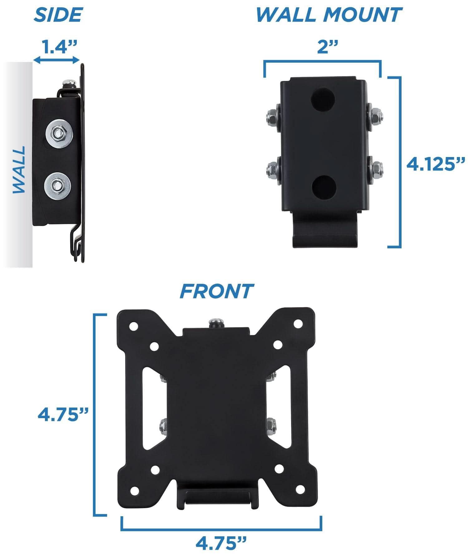 SIDE WALL MOUNT  
1.4"  
2"  
WALL  
4.125"  
FRONT  
4.75"  
4.75"