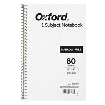 Oxford  
1 Subject Notebook  
Narrow Rule  
80 Sheets  
8" x 5"  
Green Tint  
Al t 74319  
25401