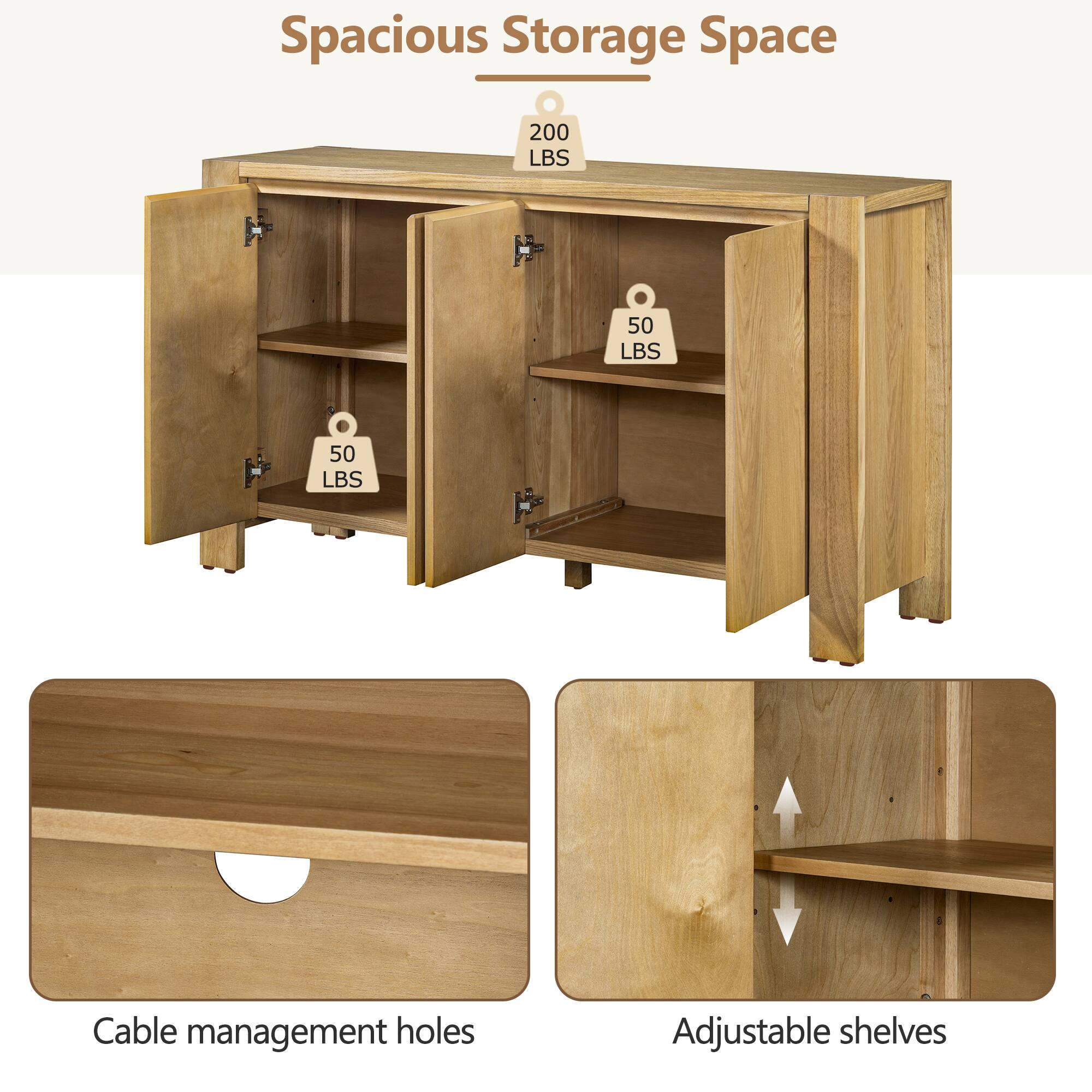 Spacious Storage Space  
200 LBS  
50 LBS  
50 LBS  

Cable management holes  
Adjustable shelves