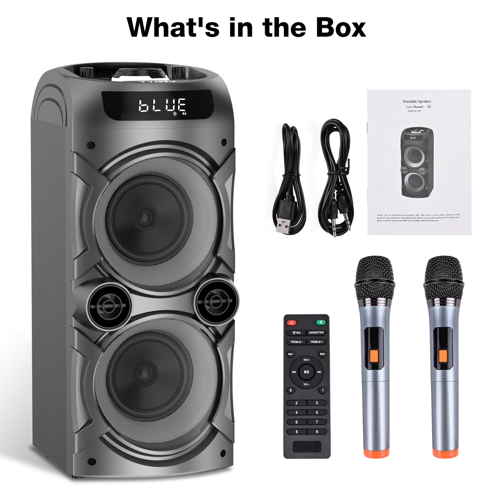 What's in the Box

- Portable Speaker
- Power Adapter
- USB Cable
- User Manual
- 2 Microphones
- Remote Control