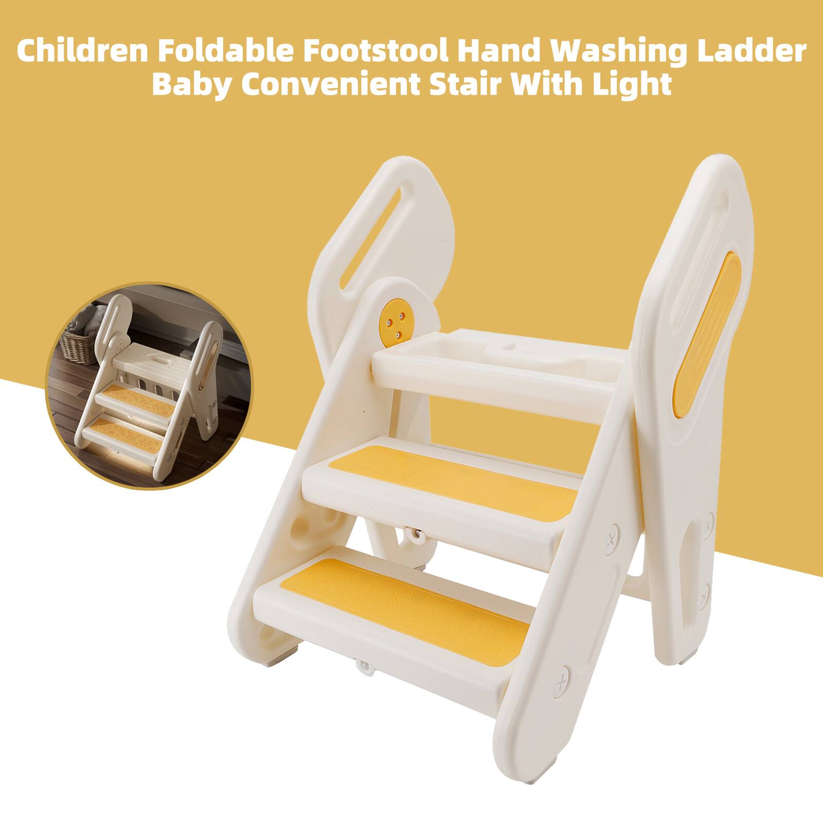 Children Foldable Footstool Hand Washing Ladder Baby Convenient Stair With Light