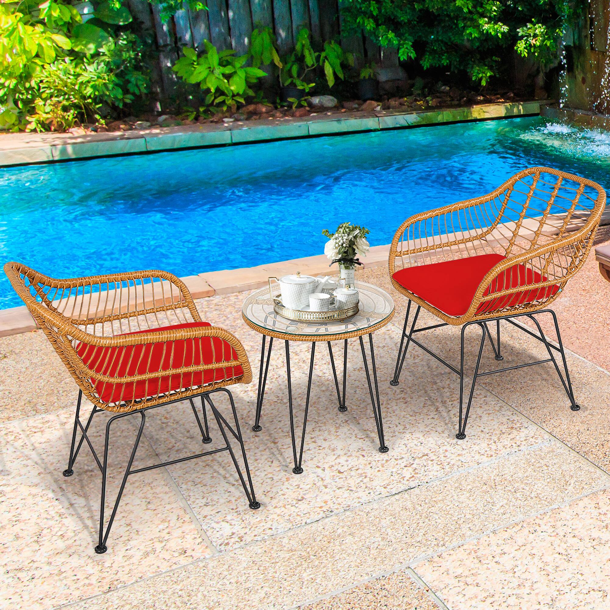 Alt View 3. Gymax - Gymax 3PCS Rattan Patio Bistro Set Conversation Furniture Set w/ Red Cushions - Red.