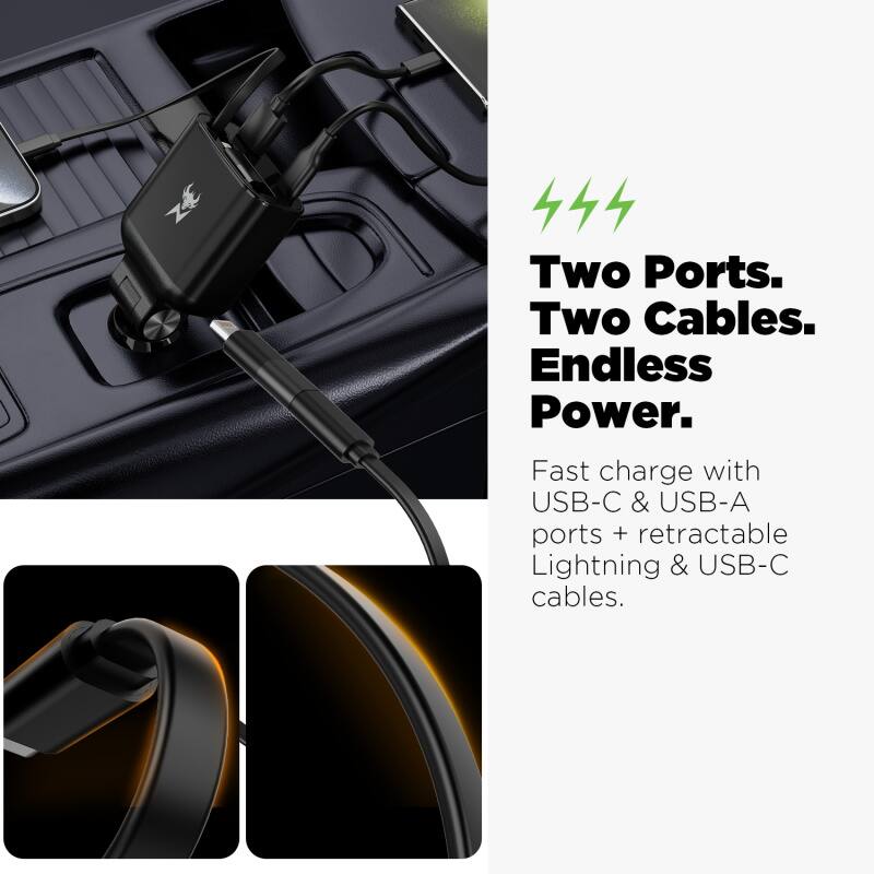 Two Ports. Two Cables. Endless Power. Fast charge with USB-C & USB-A ports + retractable Lightning & USB-C cables.