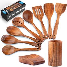 Zulay Kitchen - 10-Piece Wooden Spoons for Cooking - Smooth Finish Teak Wooden Utensils for Cooking - Brown