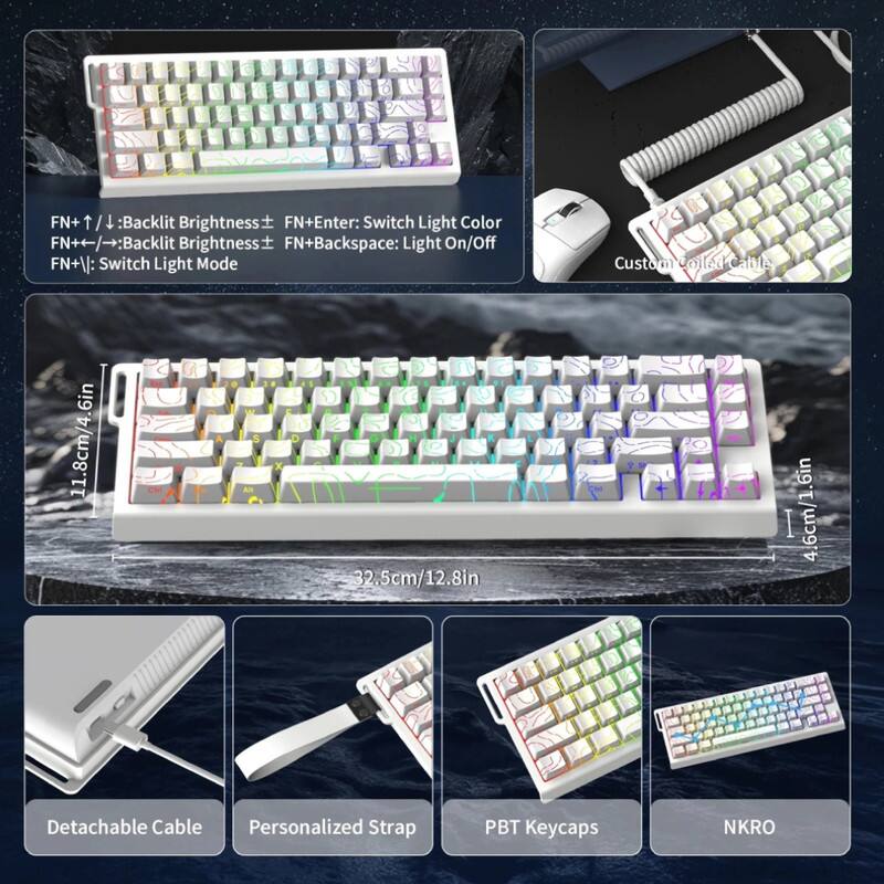 FN+ ↑/↓ : Backlit Brightness ±  
FN+Enter: Switch Light Color  
FN+ ←/→ : Backlit Brightness ±  
FN+Backspace: Light On/Off  
FN+\: Switch Light Mode  

Custom Coiled Cable  
11.8cm/4.6in  

Detachable Cable  
4.6cm/1.8in  

Personalized Strap  

PBT Keycaps  

NKRO  

32.5cm/12.8in  
11.8cm/4.6in