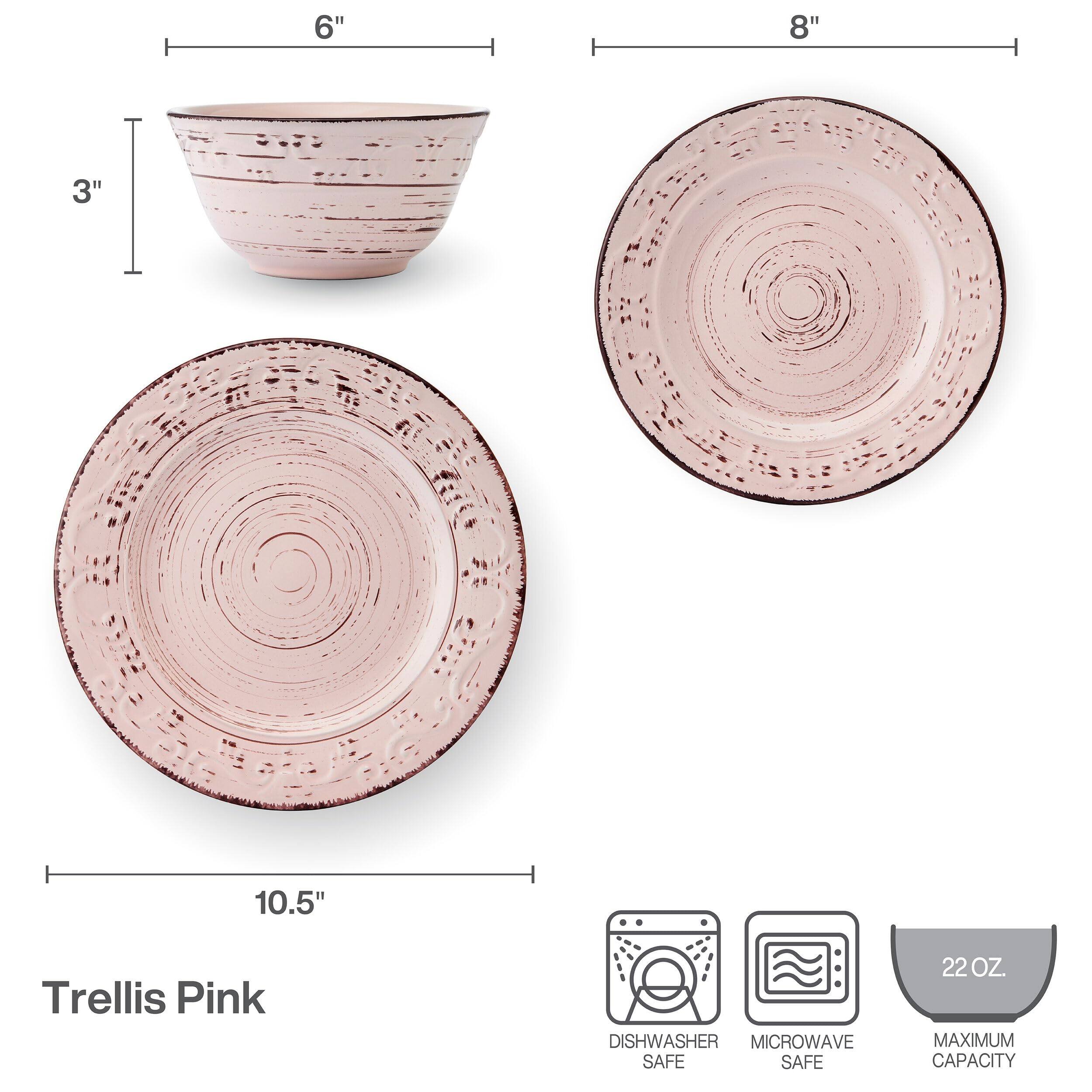 - 6" (bowl height)
- 3" (bowl depth)
- 8" (plate diameter)
- 10.5" (larger plate diameter)
- Trellis Pink
- Dishwasher Safe
- Microwave Safe
- Maximum Capacity: 22 OZ.